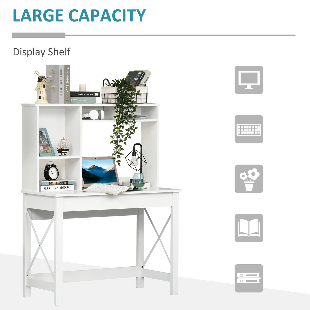Computer Desk with Hutch and Storage Shelves - White-Office Products > Office Furniture > Office Desks & Work Stations > Computer Desks-DECOROLALA