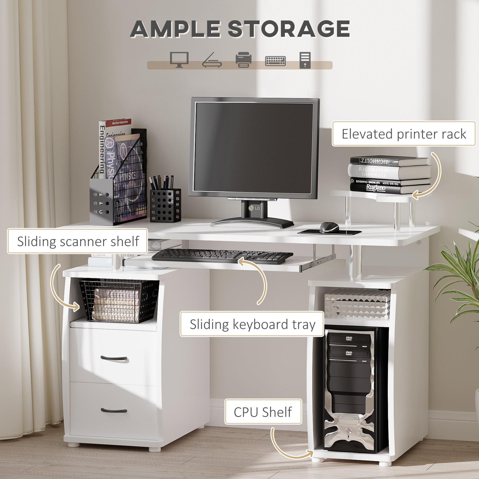 Computer Desk with Keyboard Tray - White 47"-DECOROLALA