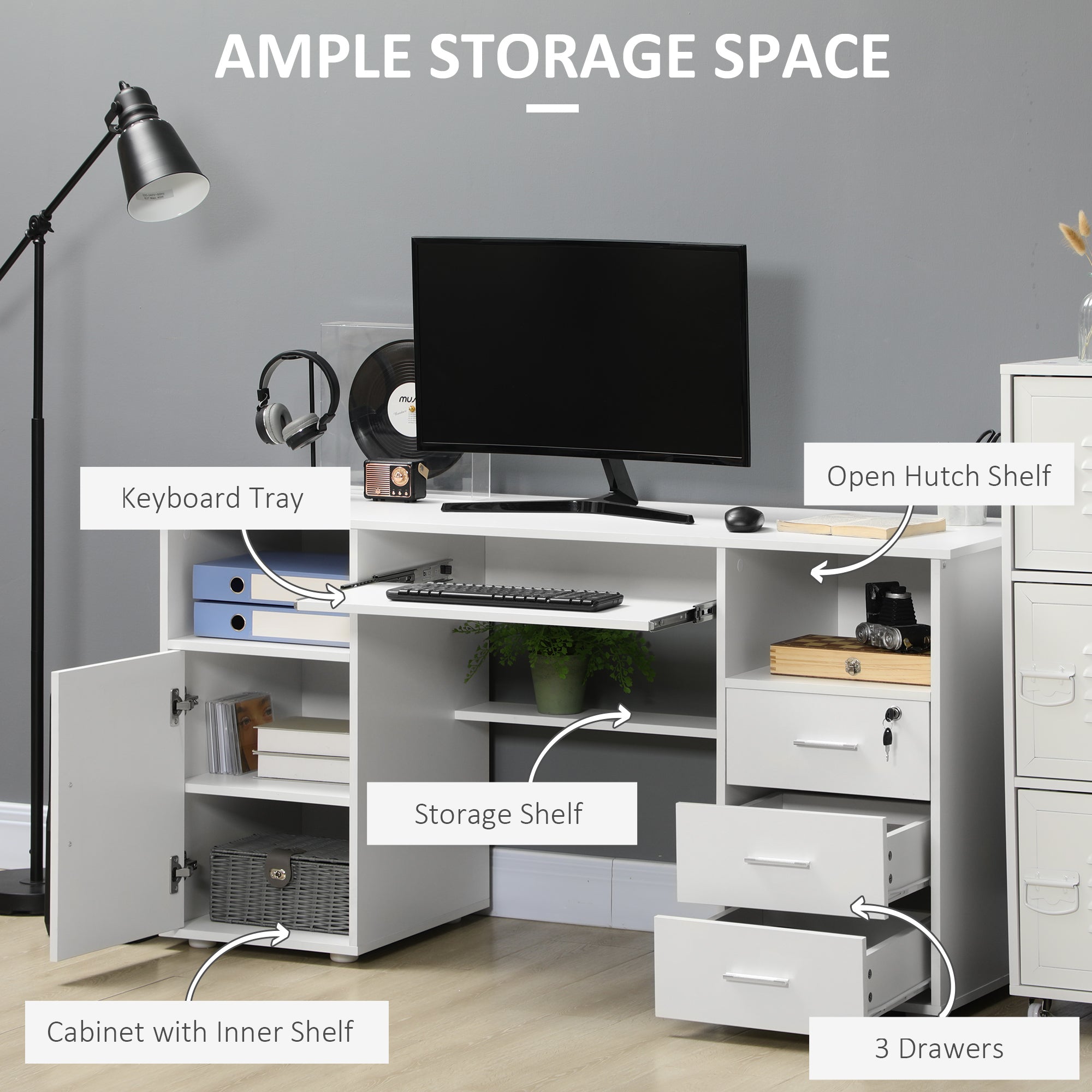 Computer Desk with Keyboard Tray - White 57"-DECOROLALA