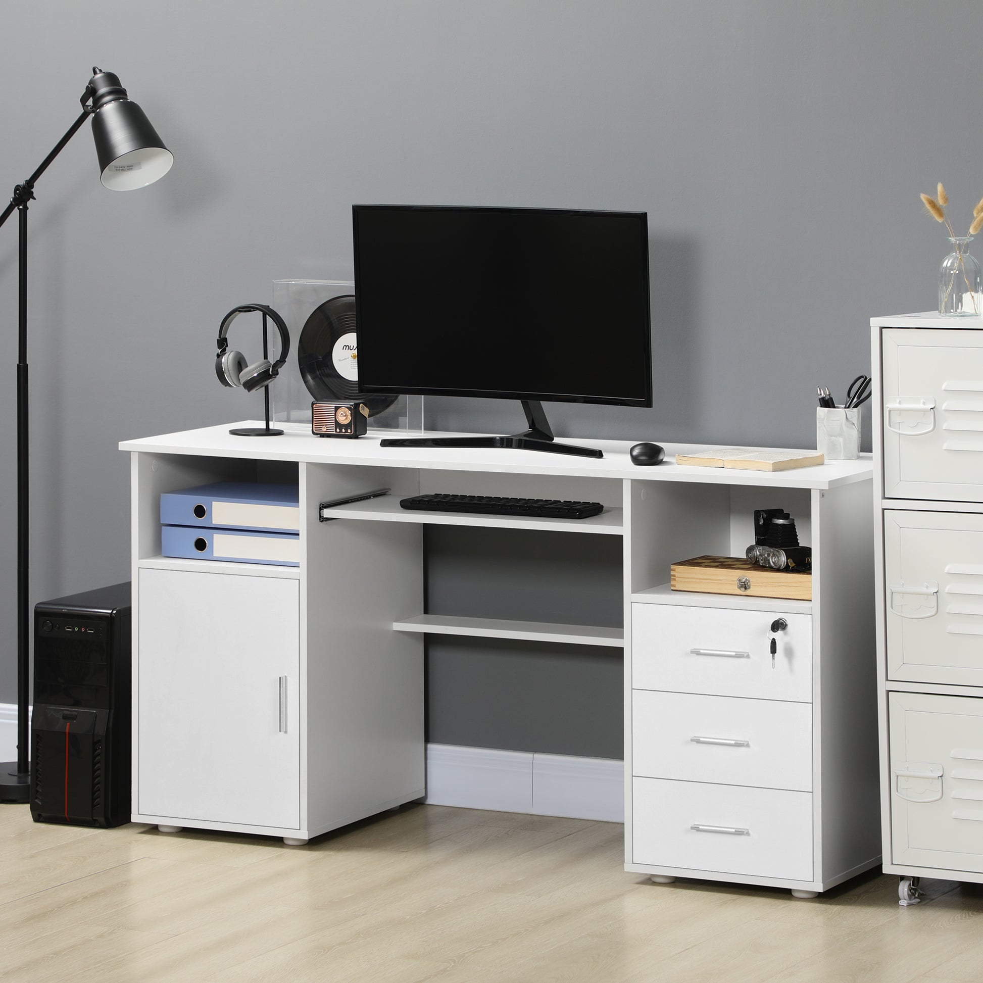 Computer Desk with Keyboard Tray - White 57"-DECOROLALA
