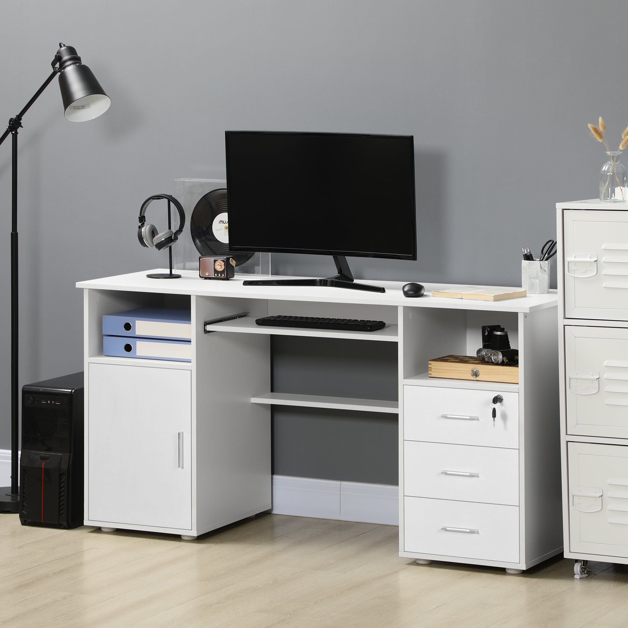 Computer Desk with Keyboard Tray - White 57"-DECOROLALA
