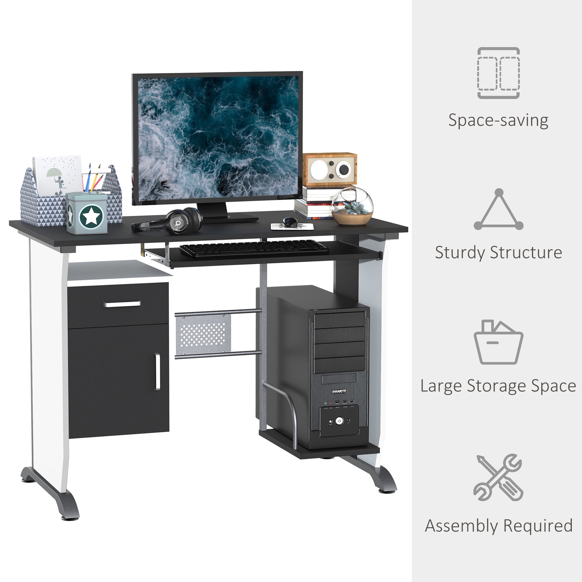 Computer Desk with Keyboard Tray and CPU Stand - Black/White-Office Products > Office Furniture > Office Desks & Work Stations > Computer Desks-DECOROLALA
