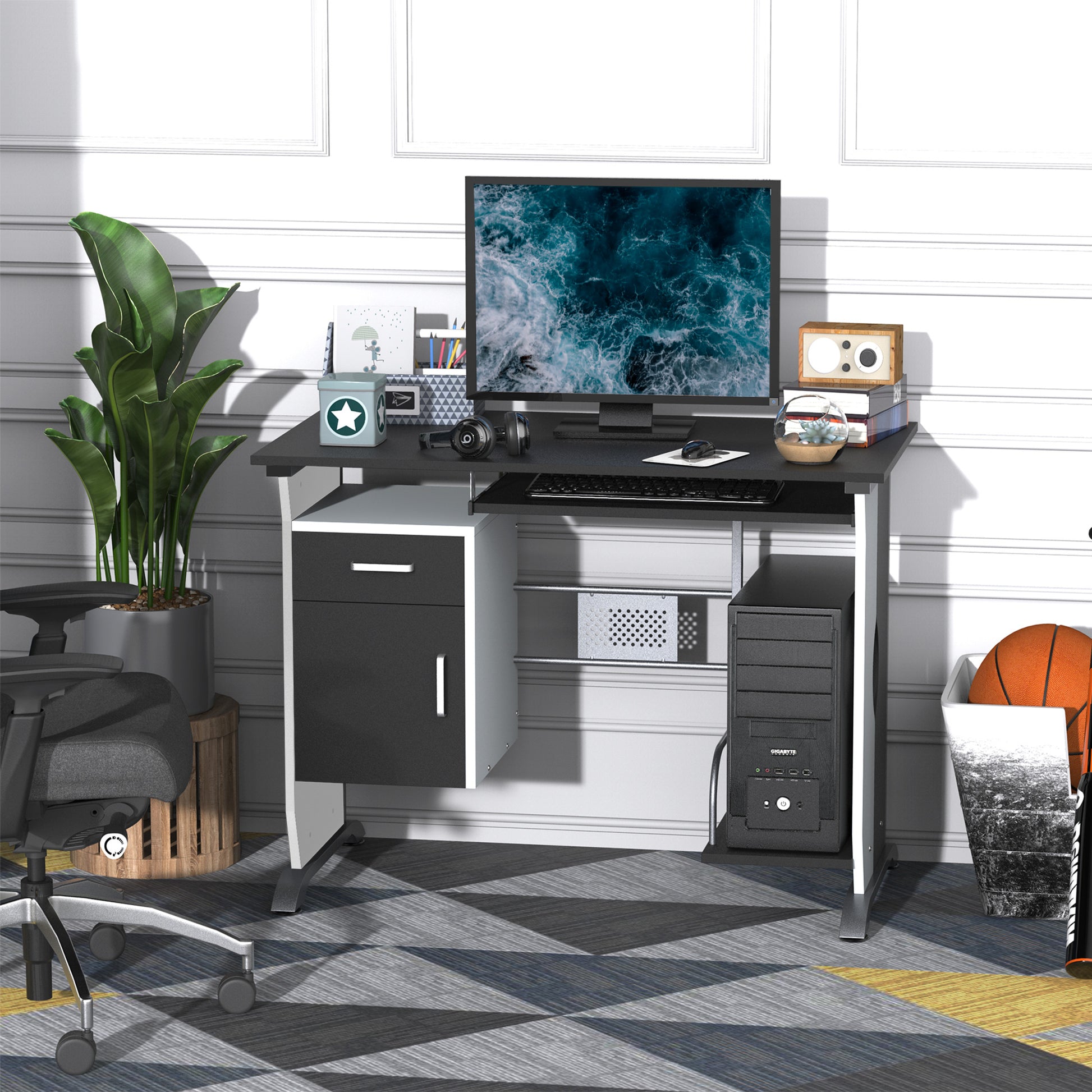 Computer Desk with Keyboard Tray and CPU Stand - Black/White-Office Products > Office Furniture > Office Desks & Work Stations > Computer Desks-DECOROLALA