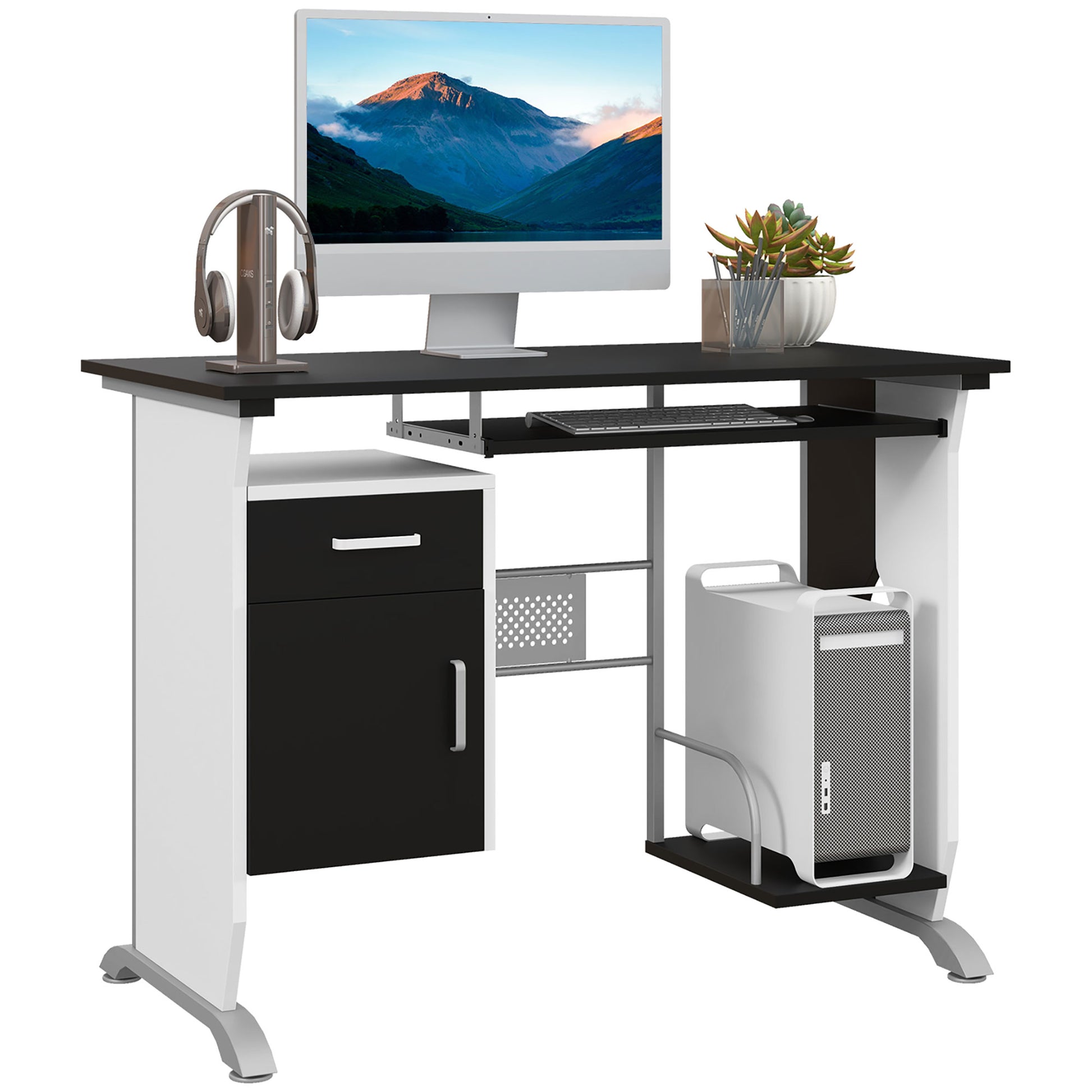 Computer Desk with Keyboard Tray and CPU Stand - Black/White-Office Products > Office Furniture > Office Desks & Work Stations > Computer Desks-DECOROLALA