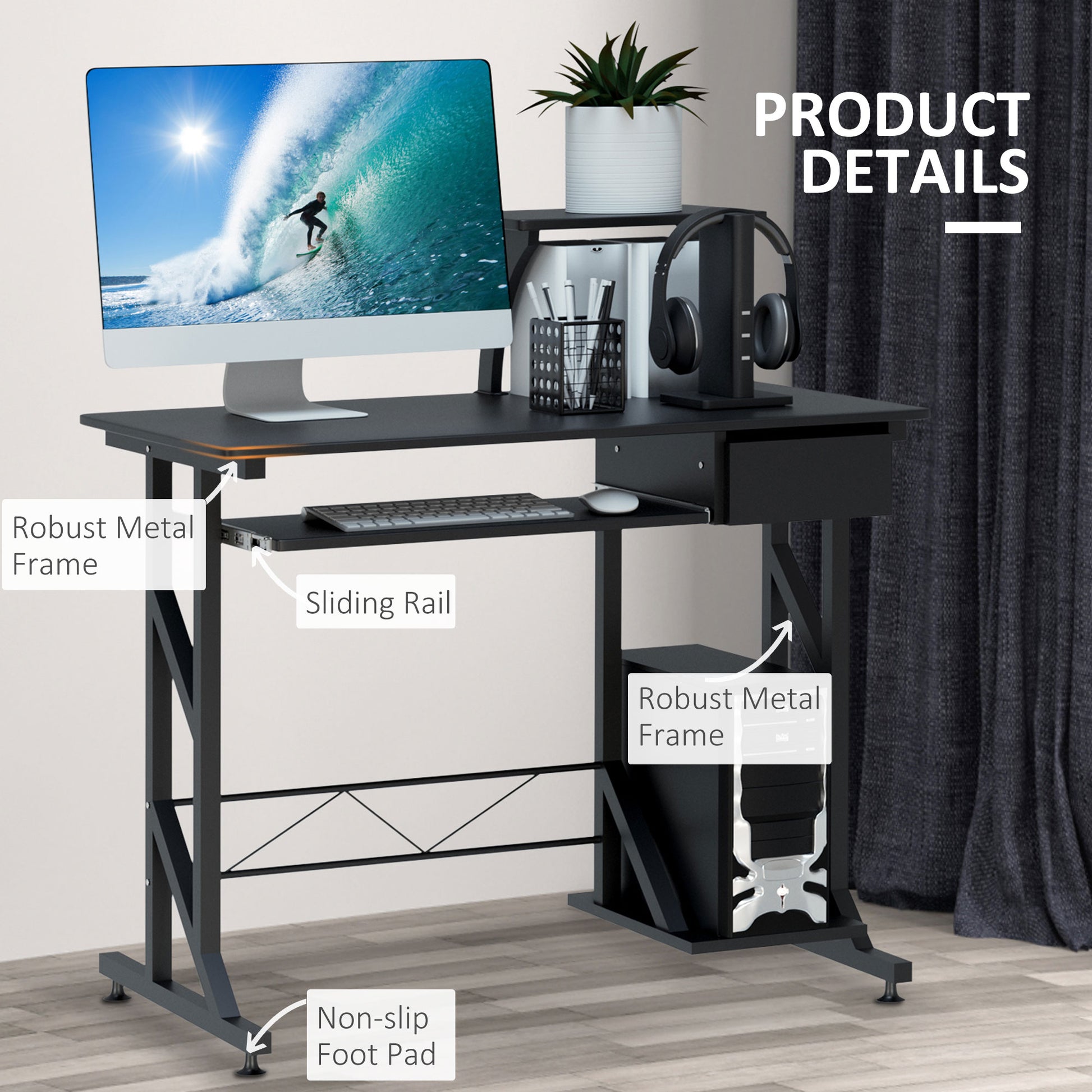 Computer Desk with Keyboard Tray and Drawer - Black 35"-Office Products > Office Furniture > Office Desks & Work Stations > Computer Desks-DECOROLALA