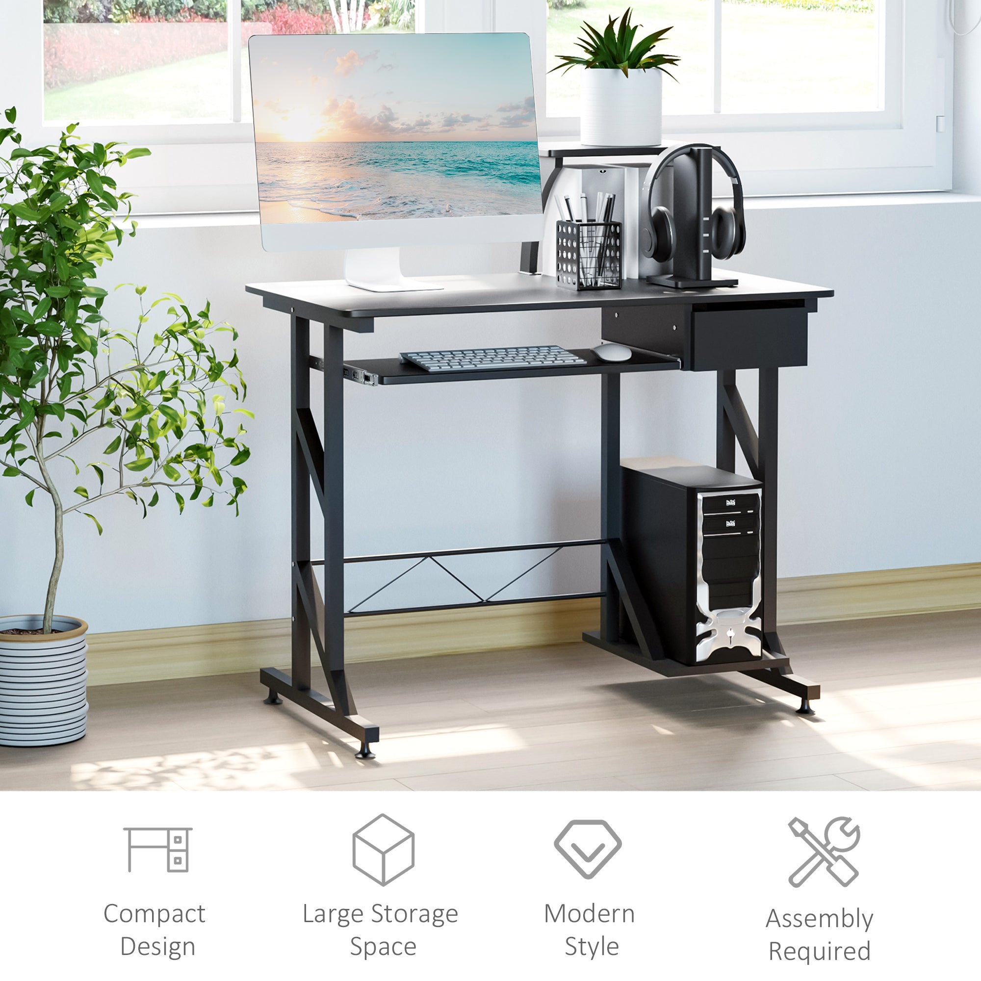 Computer Desk with Keyboard Tray and Drawer - Black 35"-Office Products > Office Furniture > Office Desks & Work Stations > Computer Desks-DECOROLALA
