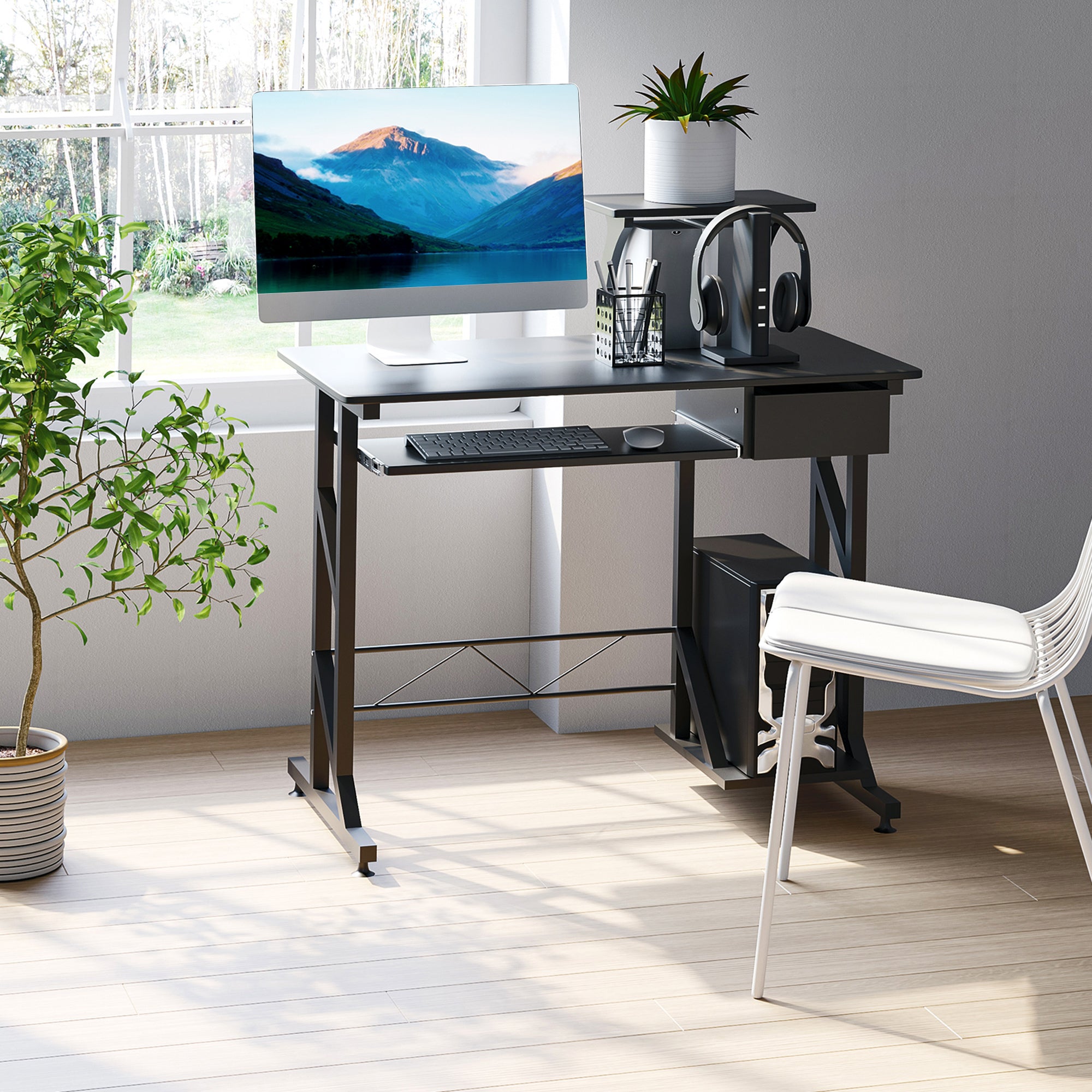 Computer Desk with Keyboard Tray and Drawer - Black 35"-Office Products > Office Furniture > Office Desks & Work Stations > Computer Desks-DECOROLALA