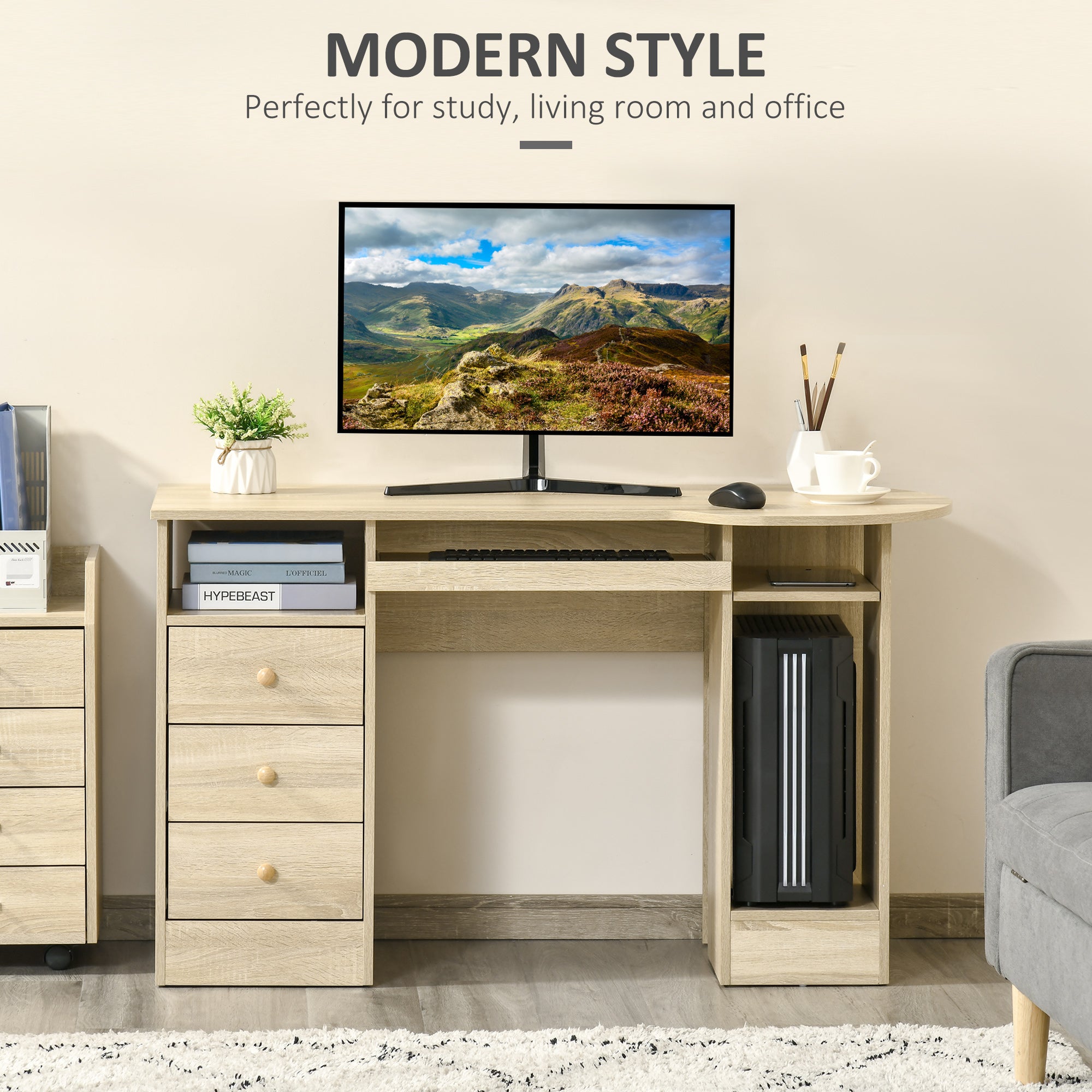 Computer Desk with Keyboard Tray and Storage - Natural-DECOROLALA