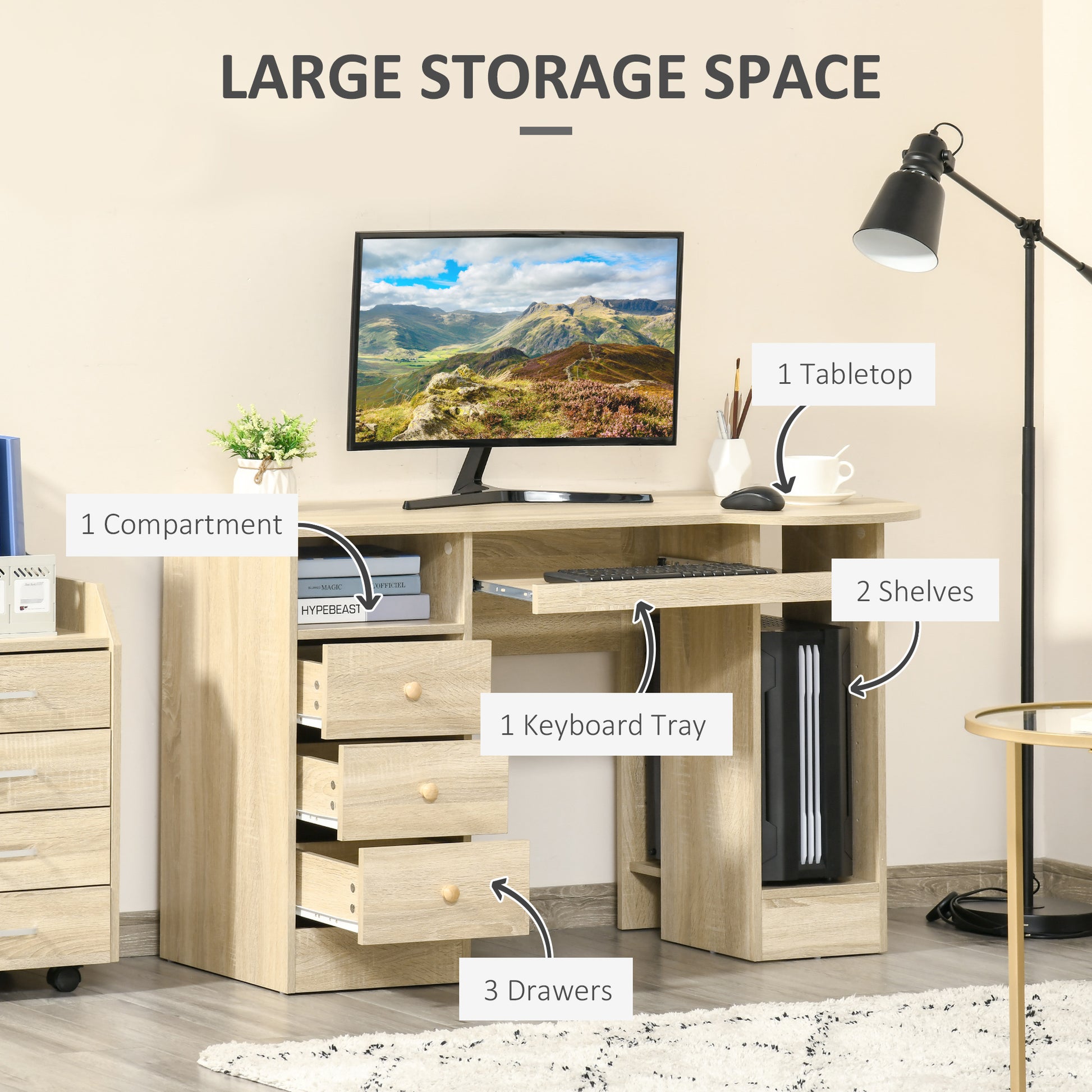 Computer Desk with Keyboard Tray and Storage - Natural-DECOROLALA