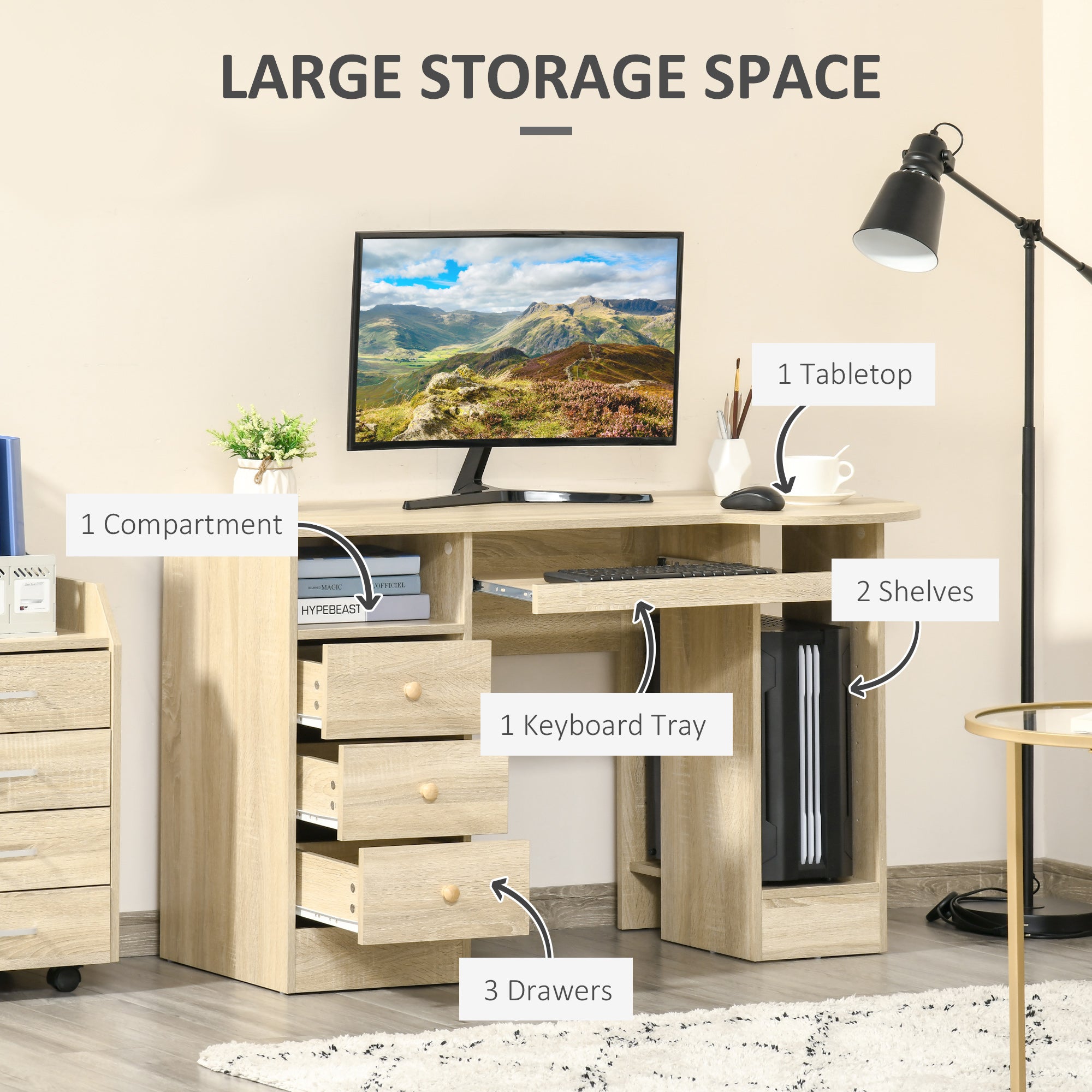 Computer Desk with Keyboard Tray and Storage - Natural-DECOROLALA