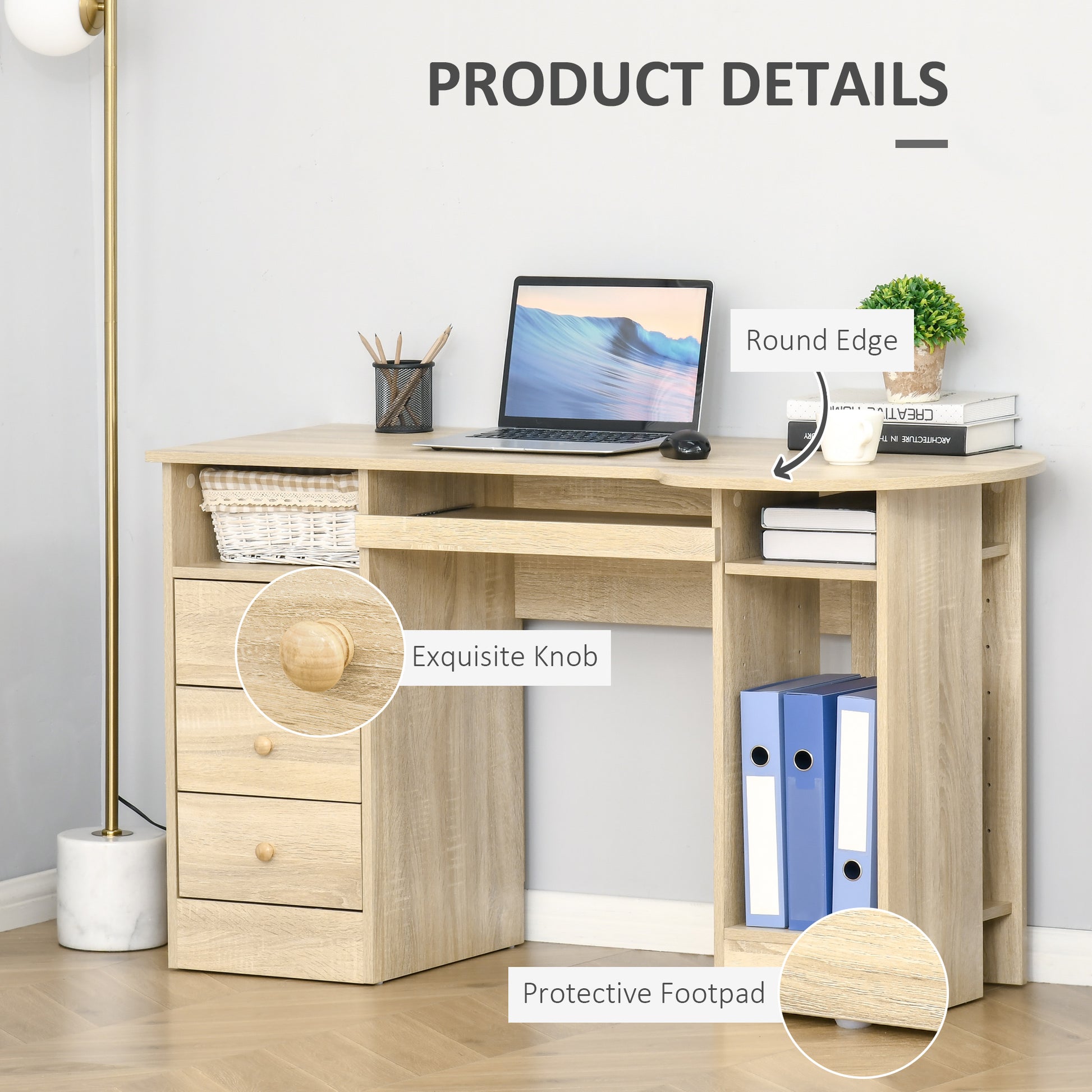 Computer Desk with Keyboard Tray and Storage - Natural-DECOROLALA