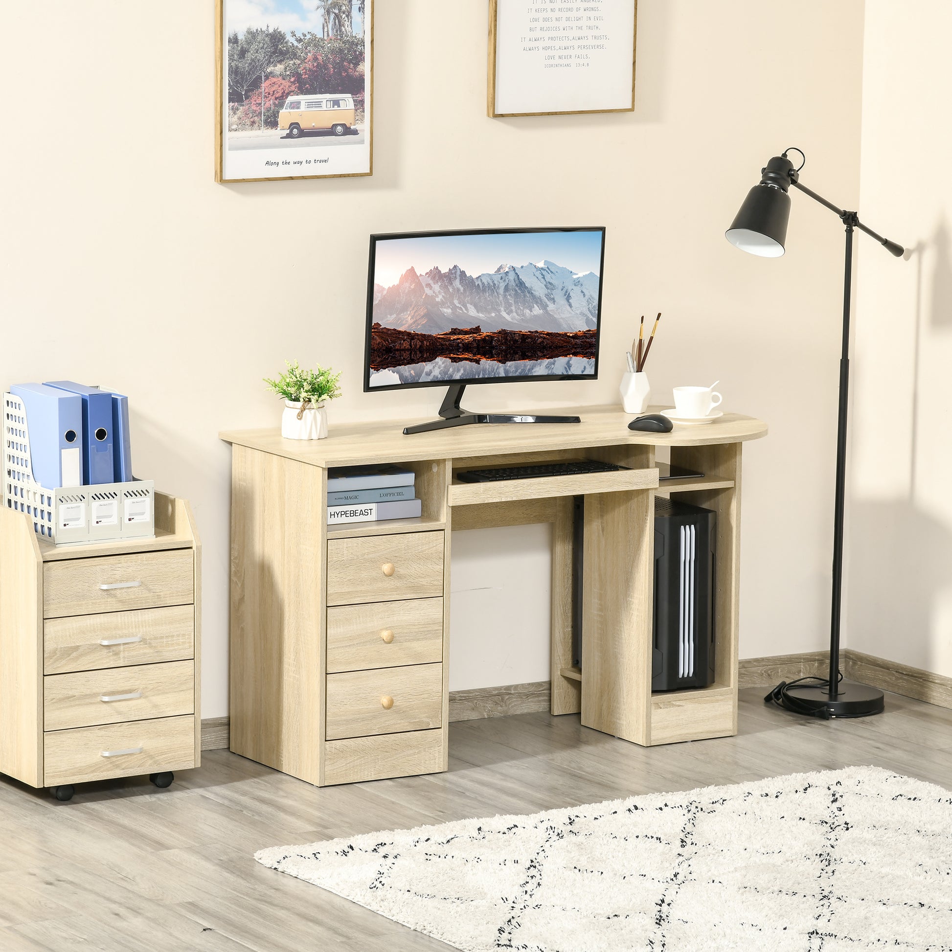 Computer Desk with Keyboard Tray and Storage - Natural-DECOROLALA
