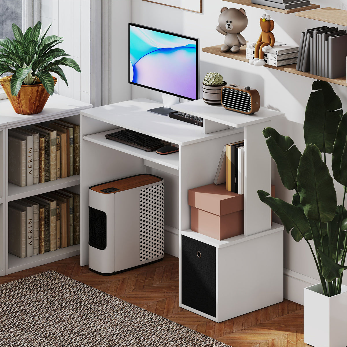 Computer Desk with Keyboard Tray and Storage - White-Office Products > Office Furniture > Office Desks & Work Stations > Computer Desks-DECOROLALA