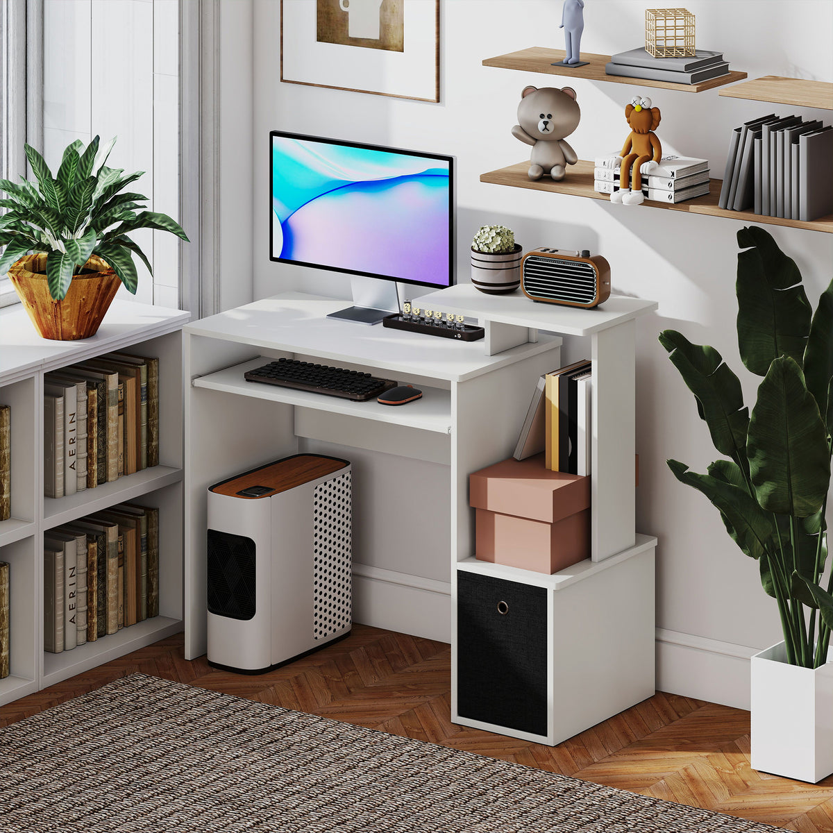 Computer Desk with Keyboard Tray and Storage - White-Office Products > Office Furniture > Office Desks & Work Stations > Computer Desks-DECOROLALA