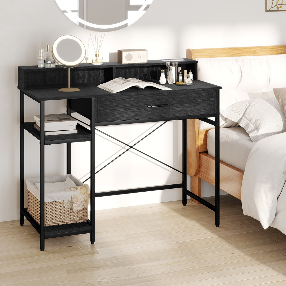 Computer Desk with Power Outlets 42inch Writing Desk with Hutch Drawer and 2 Open Shelves-Black-Computer Desks-DECOROLALA