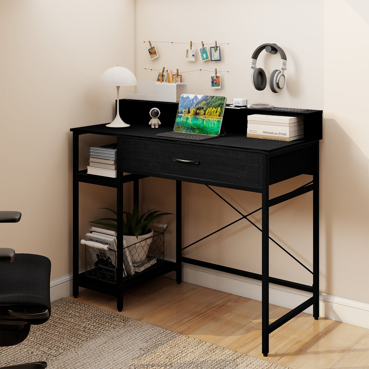 Computer Desk with Power Outlets 42inch Writing Desk with Hutch Drawer and 2 Open Shelves-Black-Computer Desks-DECOROLALA