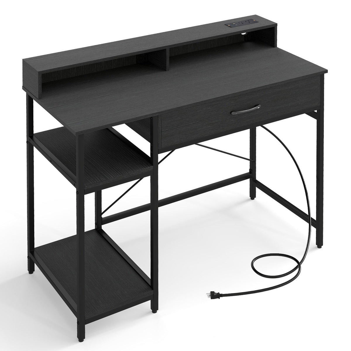 Computer Desk with Power Outlets 42inch Writing Desk with Hutch Drawer and 2 Open Shelves-Black-Computer Desks-DECOROLALA