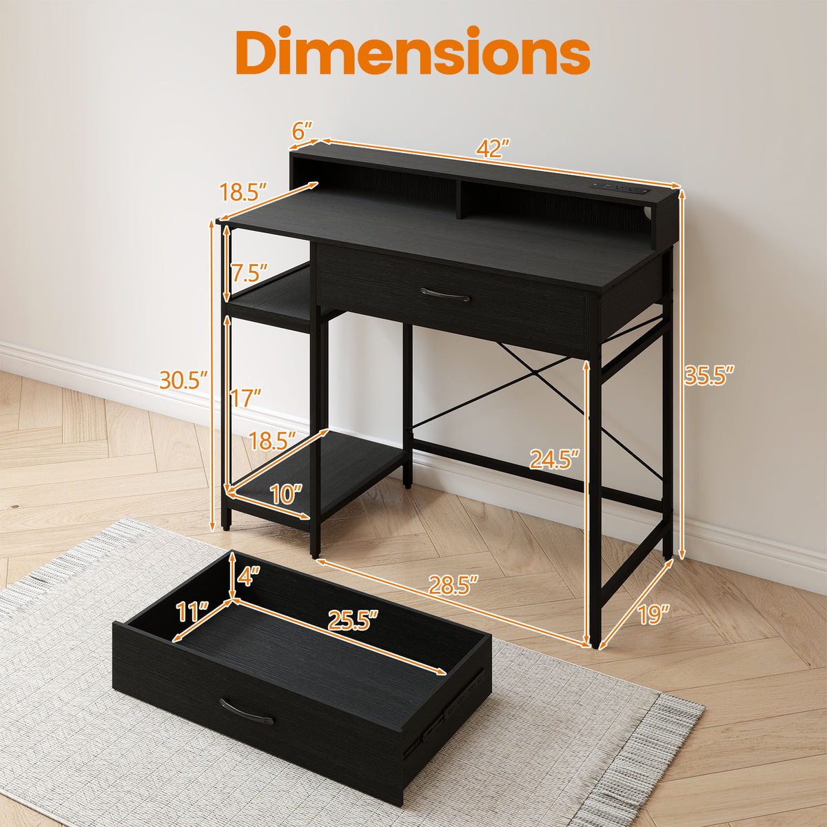 Computer Desk with Power Outlets 42inch Writing Desk with Hutch Drawer and 2 Open Shelves-Black-Computer Desks-DECOROLALA