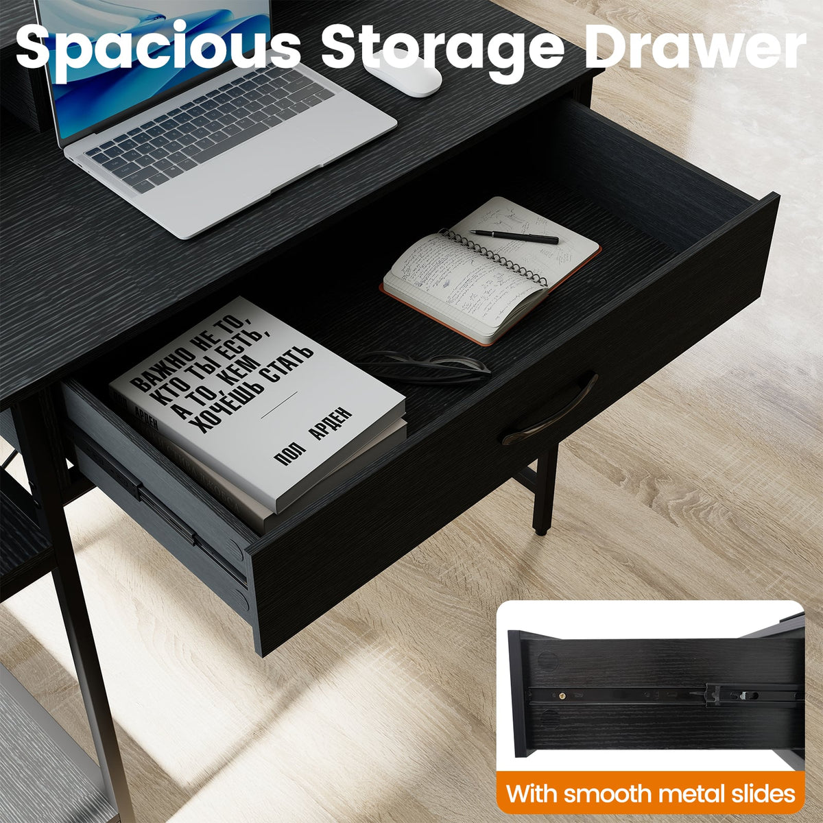 Computer Desk with Power Outlets 42inch Writing Desk with Hutch Drawer and 2 Open Shelves-Black-Computer Desks-DECOROLALA