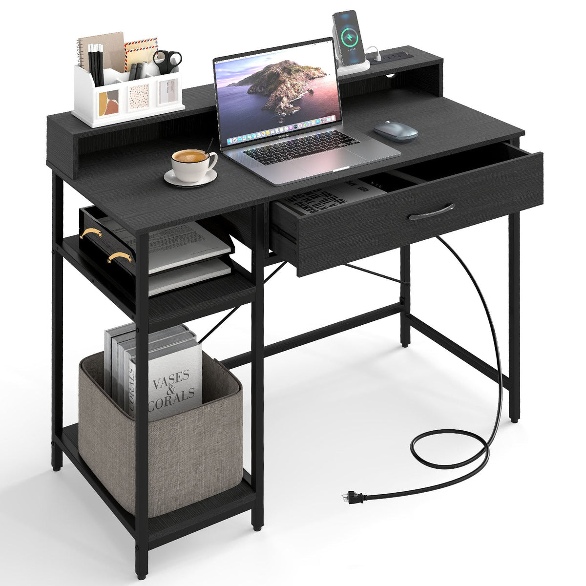 Computer Desk with Power Outlets 42inch Writing Desk with Hutch Drawer and 2 Open Shelves-Black-Computer Desks-DECOROLALA