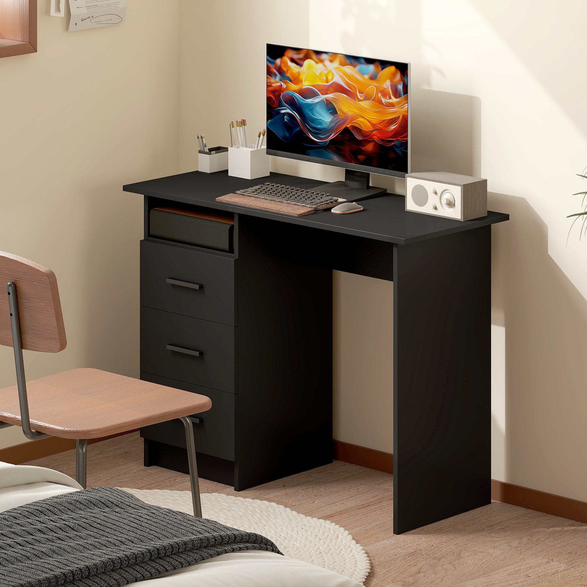 Computer Desk with Storage, 39" Home Office Desk with 3 Drawers nad Open Shelf, Writing Table for Bedroom, Black-Office Products > Office Furniture > Office Desks & Work Stations > Computer Desks-DECOROLALA