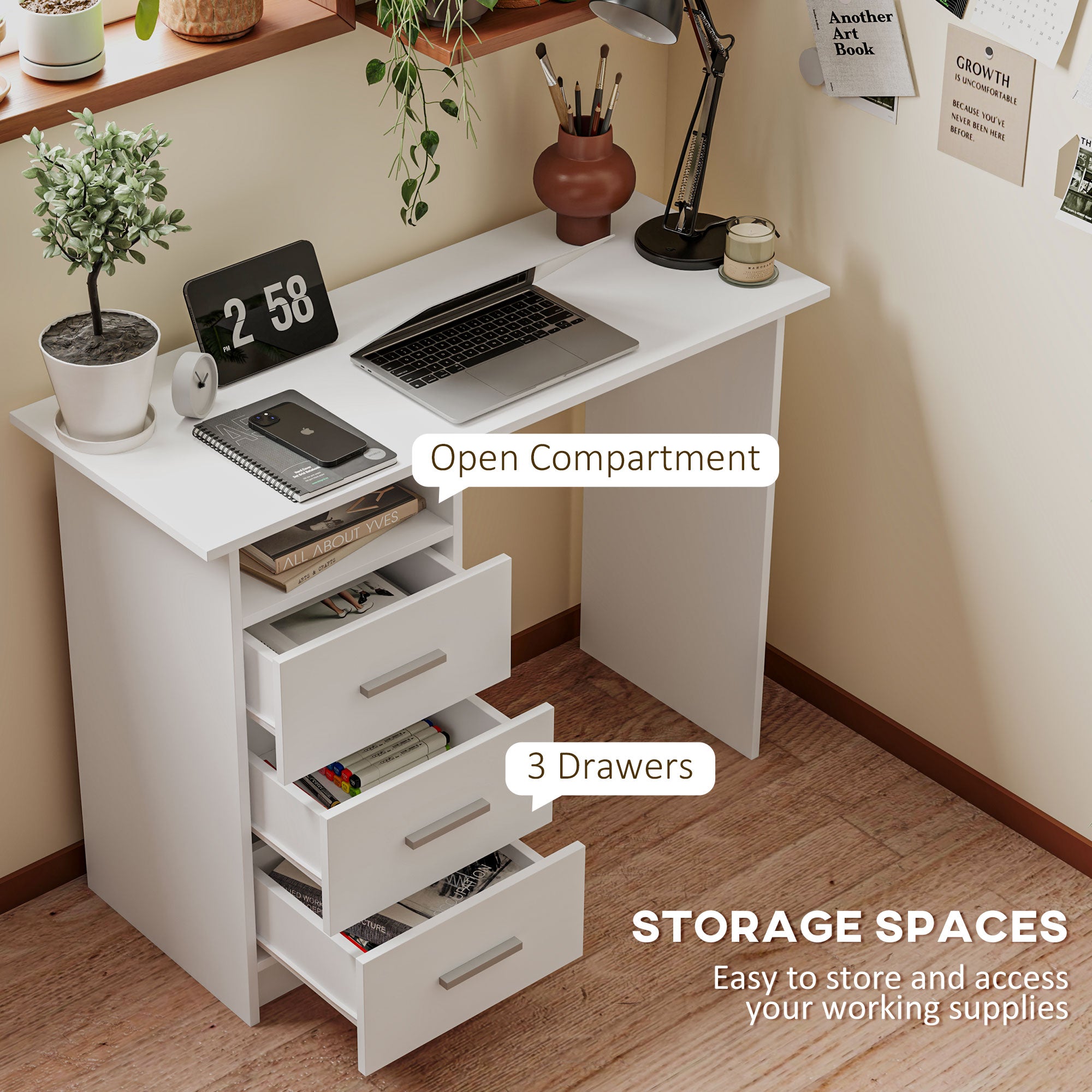 Computer Desk with Storage, 39" Home Office Desk with 3 Drawers nad Open Shelf, Writing Table for Bedroom, White-Office Products > Office Furniture > Office Desks & Work Stations > Computer Desks-DECOROLALA
