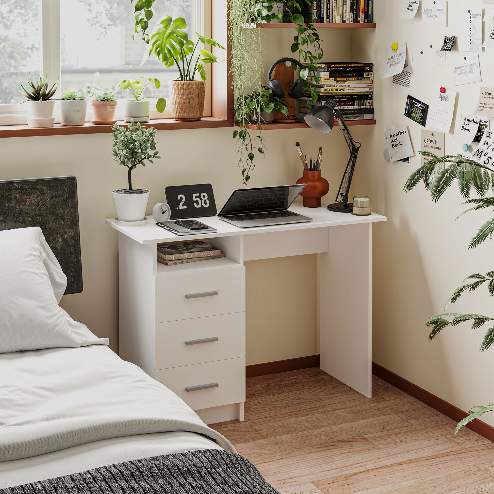 Computer Desk with Storage, 39" Home Office Desk with 3 Drawers nad Open Shelf, Writing Table for Bedroom, White-Office Products > Office Furniture > Office Desks & Work Stations > Computer Desks-DECOROLALA