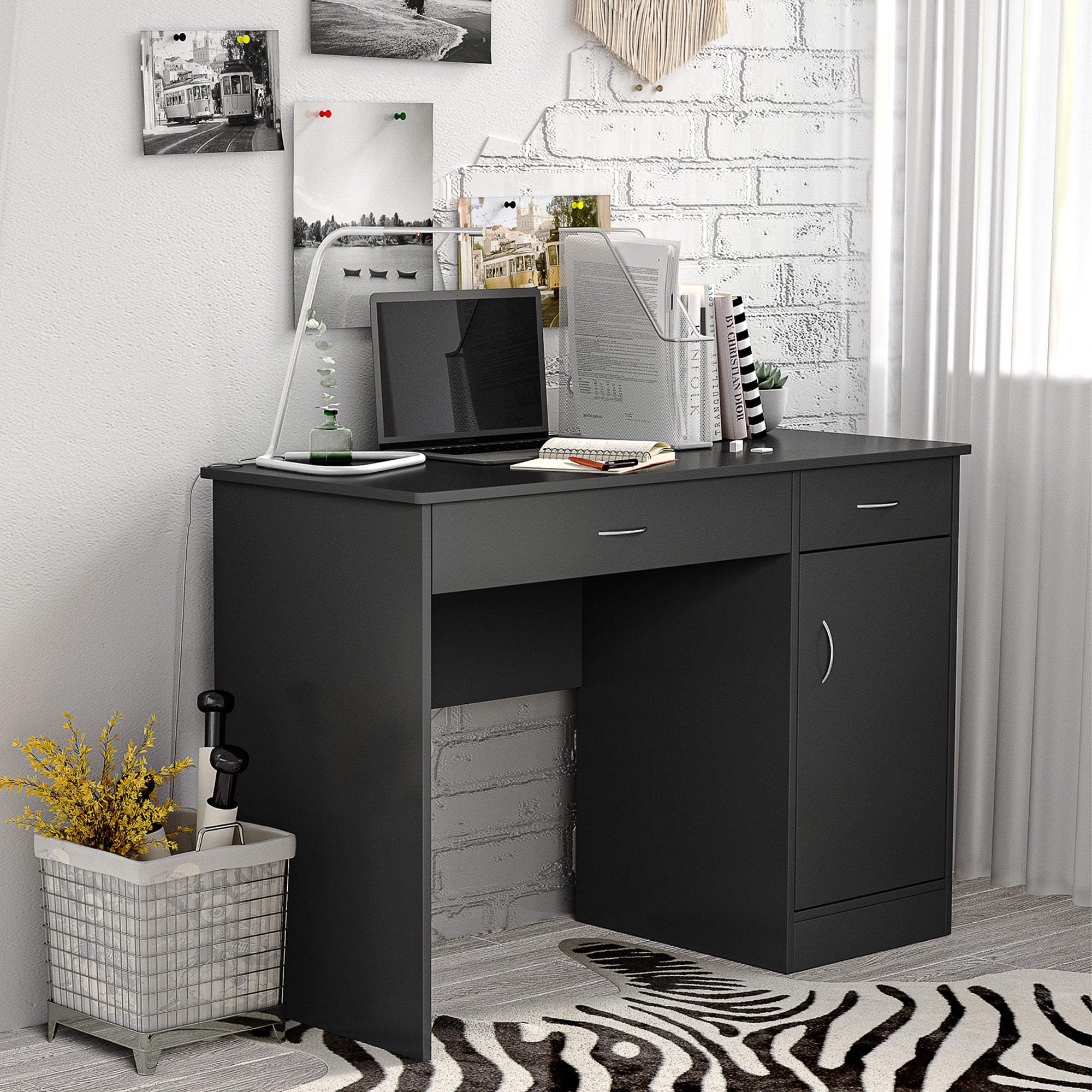 Computer Desk with Storage Drawers, Study Writing Table with Cabinet Adjustable Shelf for Home Office Workstation Bedroom, Black-Office Products > Office Furniture > Office Desks & Work Stations > Writing Desks-DECOROLALA