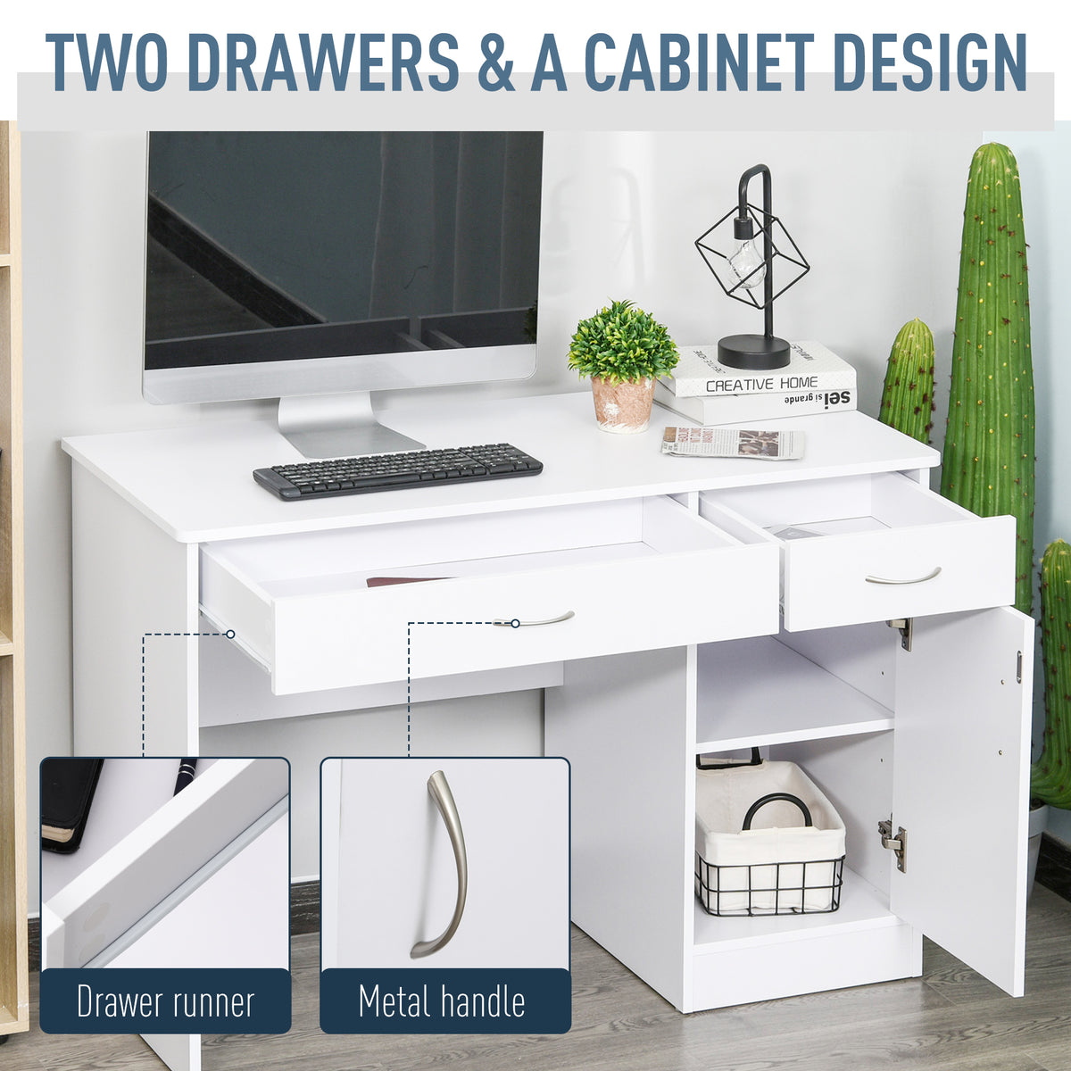 Computer Desk with Storage Drawers and Cabinet - White-Office Products > Office Furniture > Office Desks & Work Stations > Writing Desks-DECOROLALA