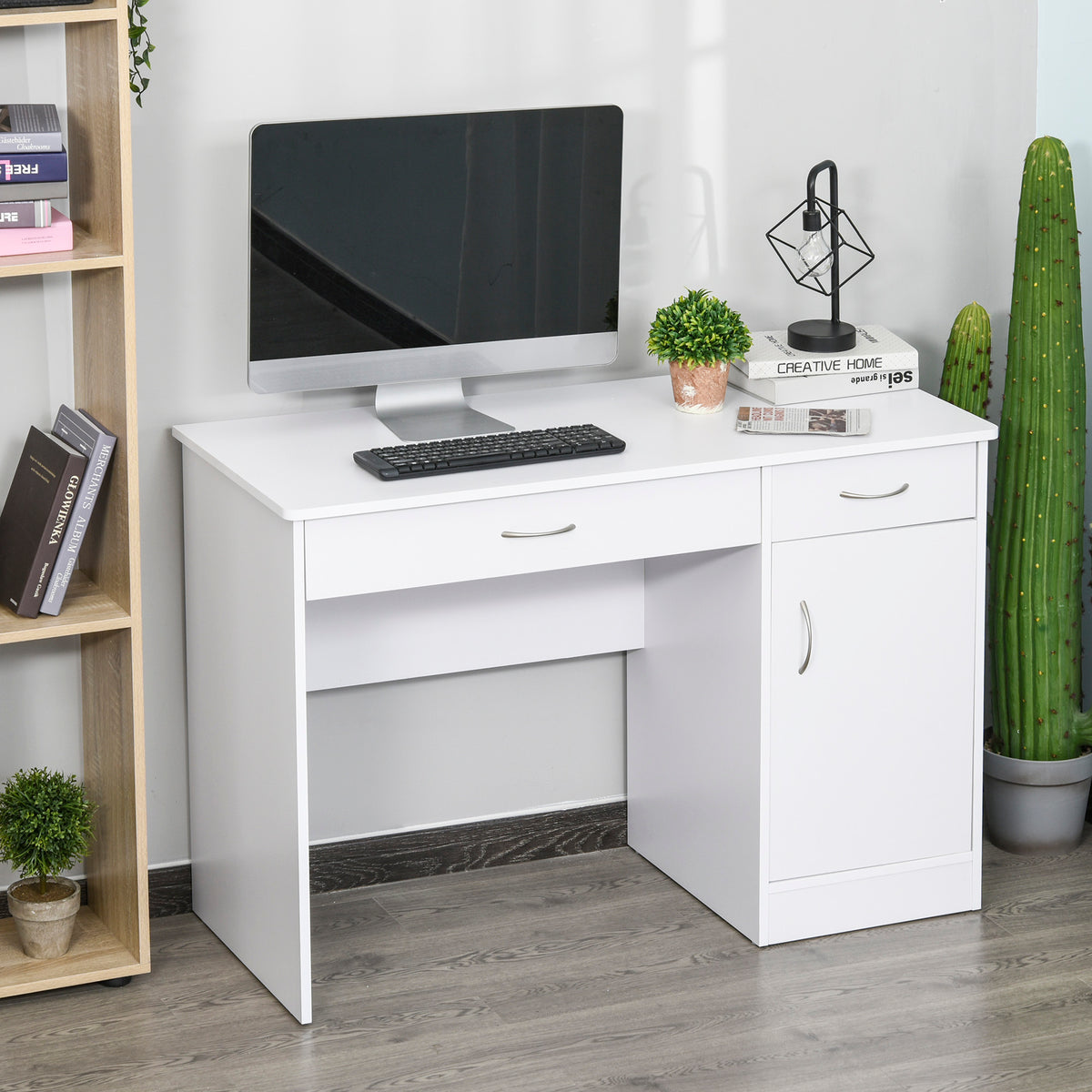 Computer Desk with Storage Drawers and Cabinet - White-Office Products > Office Furniture > Office Desks & Work Stations > Writing Desks-DECOROLALA