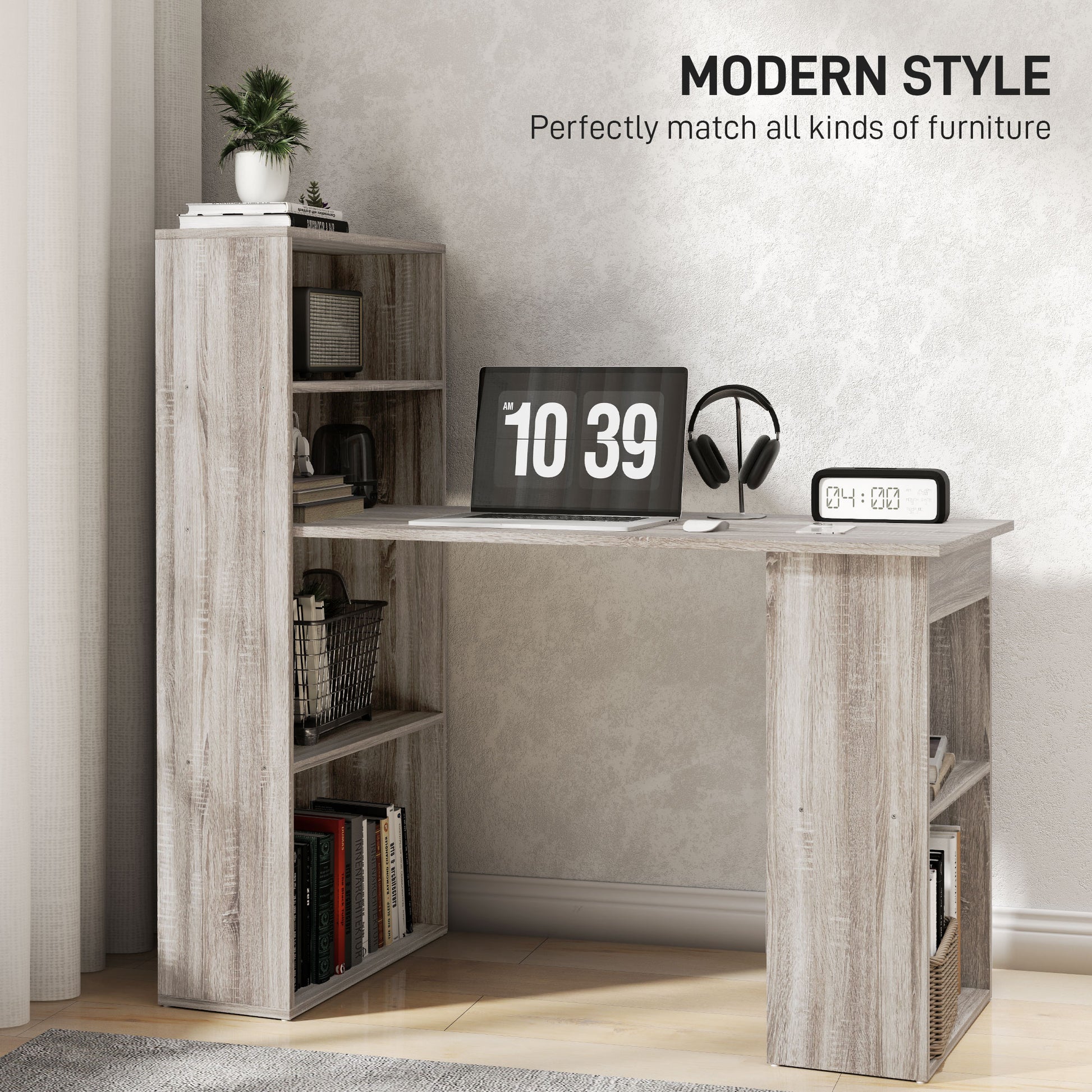 Computer Desk with Storage, PC Table with Bookshelf for Home Office, Study Room, Oak-Office Products > Office Furniture > Office Desks & Work Stations > Writing Desks-DECOROLALA