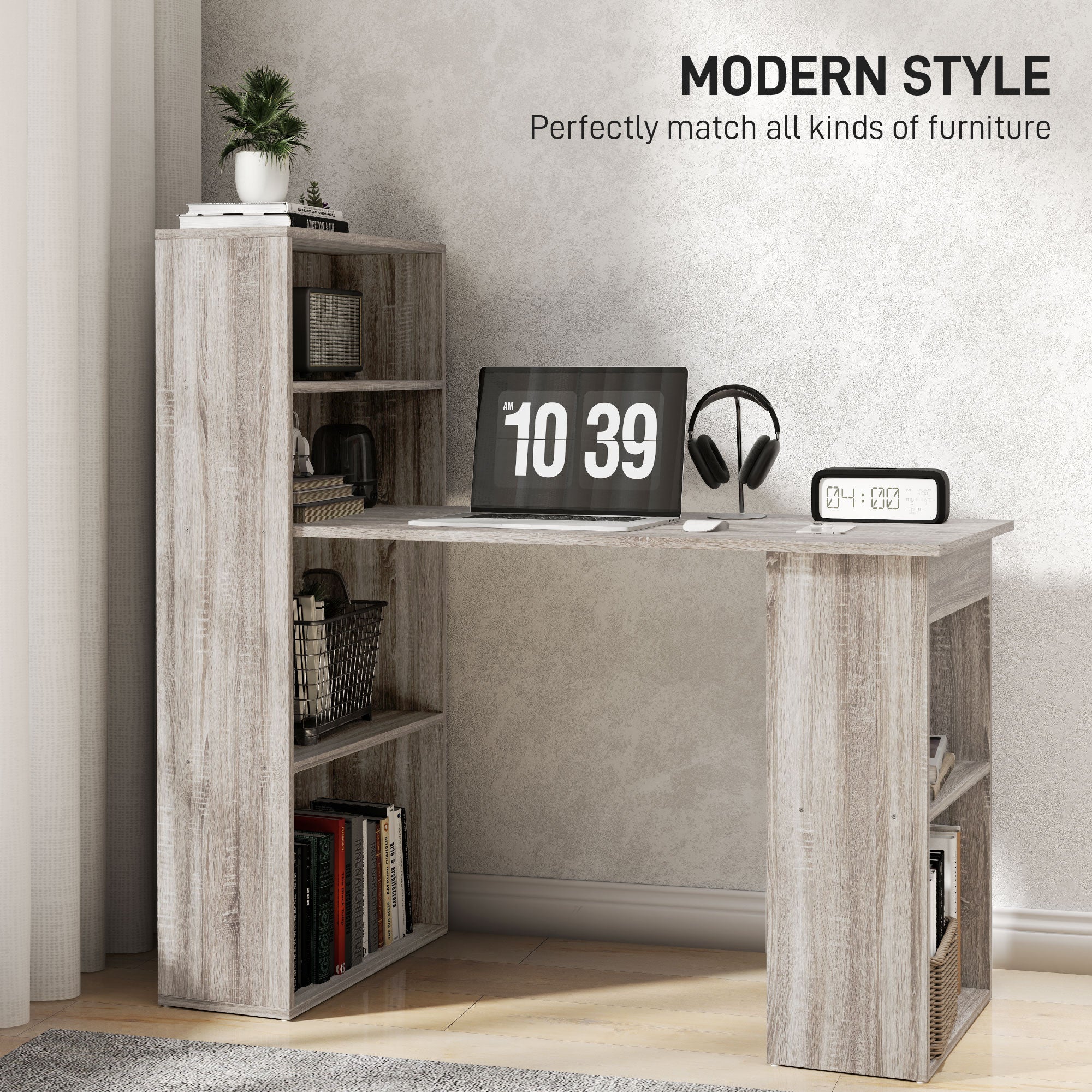 Computer Desk with Storage, PC Table with Bookshelf for Home Office, Study Room, Oak-Office Products > Office Furniture > Office Desks & Work Stations > Writing Desks-DECOROLALA