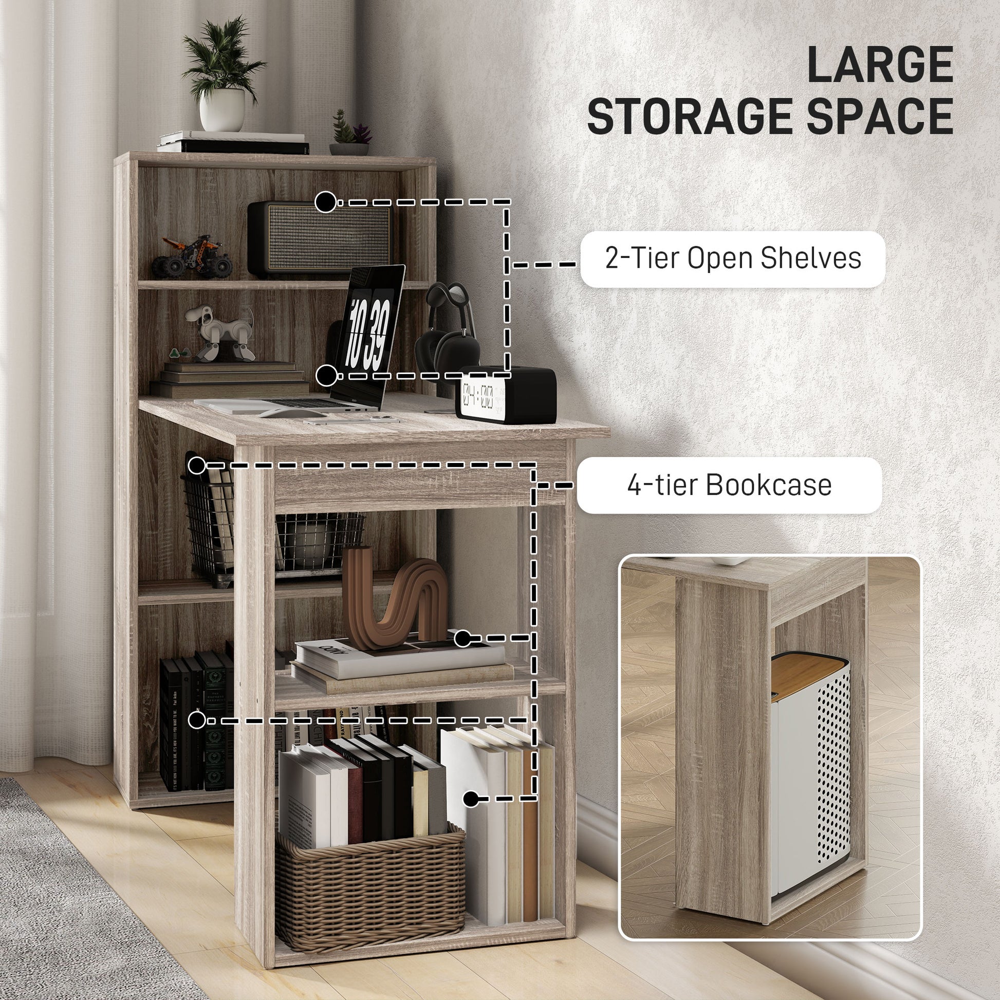 Computer Desk with Storage, PC Table with Bookshelf for Home Office, Study Room, Oak-Office Products > Office Furniture > Office Desks & Work Stations > Writing Desks-DECOROLALA