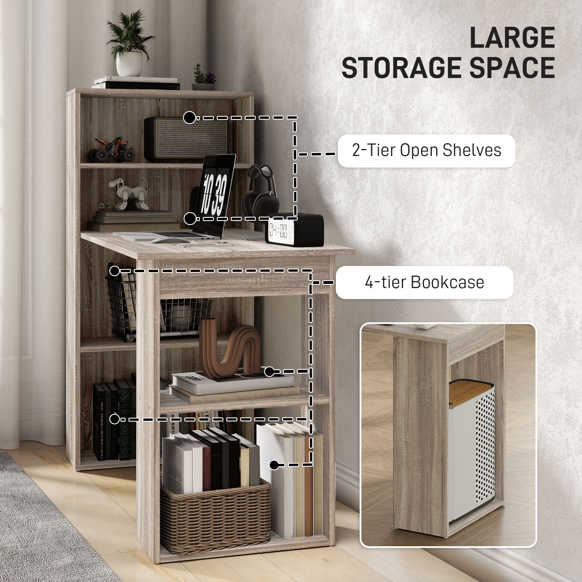 Computer Desk with Storage, PC Table with Bookshelf for Home Office, Study Room, Oak-Office Products > Office Furniture > Office Desks & Work Stations > Writing Desks-DECOROLALA