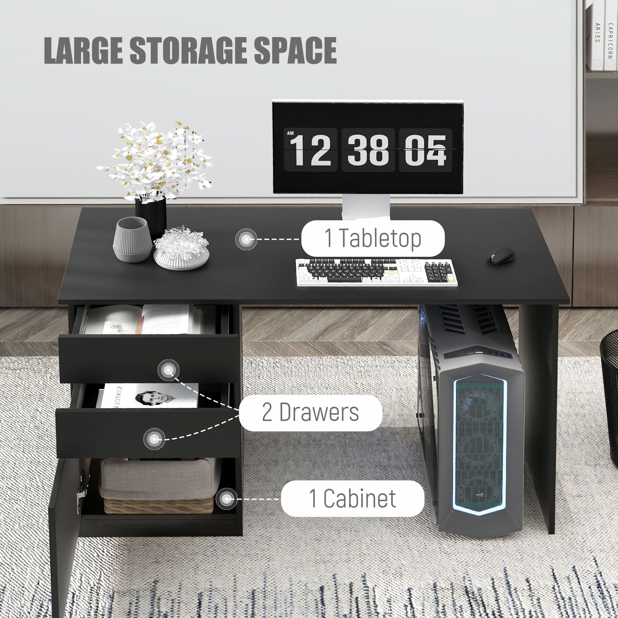 Computer Desk with Storage, PC Table with Drawers and Cabinet for Home Office, Study Room, Black-Office Products > Office Furniture > Office Desks & Work Stations > Computer Desks-DECOROLALA