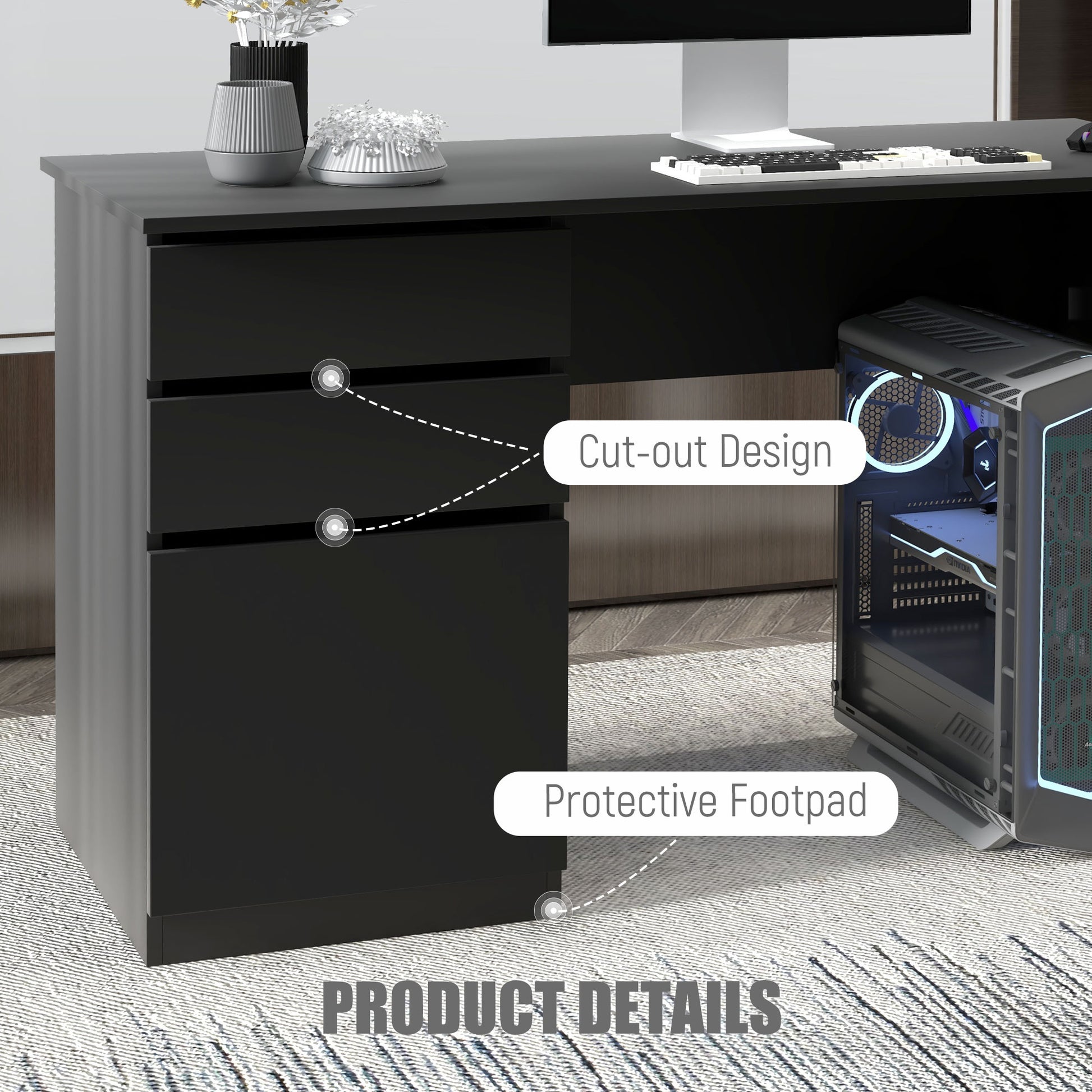 Computer Desk with Storage, PC Table with Drawers and Cabinet for Home Office, Study Room, Black-Office Products > Office Furniture > Office Desks & Work Stations > Computer Desks-DECOROLALA