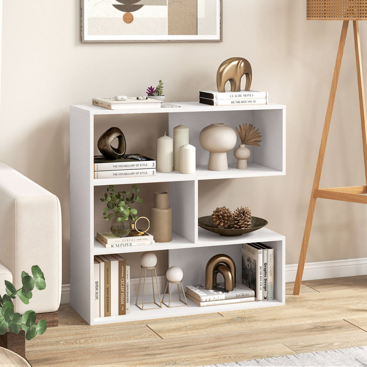 Concave Bookshelf with 3 Open Shelves & Anti-Toppling Device for Living Room-White-Bookcases-DECOROLALA