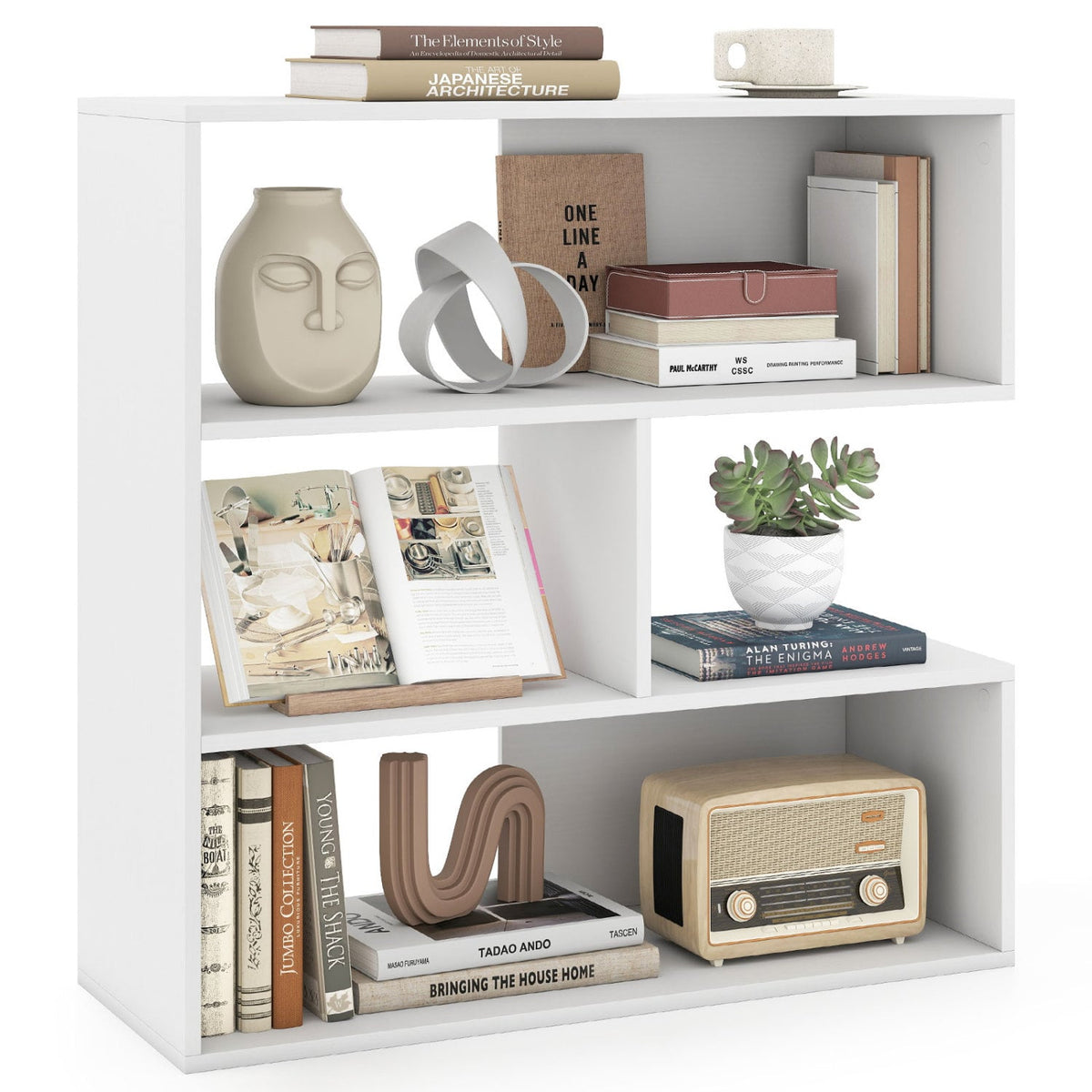 Concave Bookshelf with 3 Open Shelves & Anti-Toppling Device for Living Room-White-Bookcases-DECOROLALA