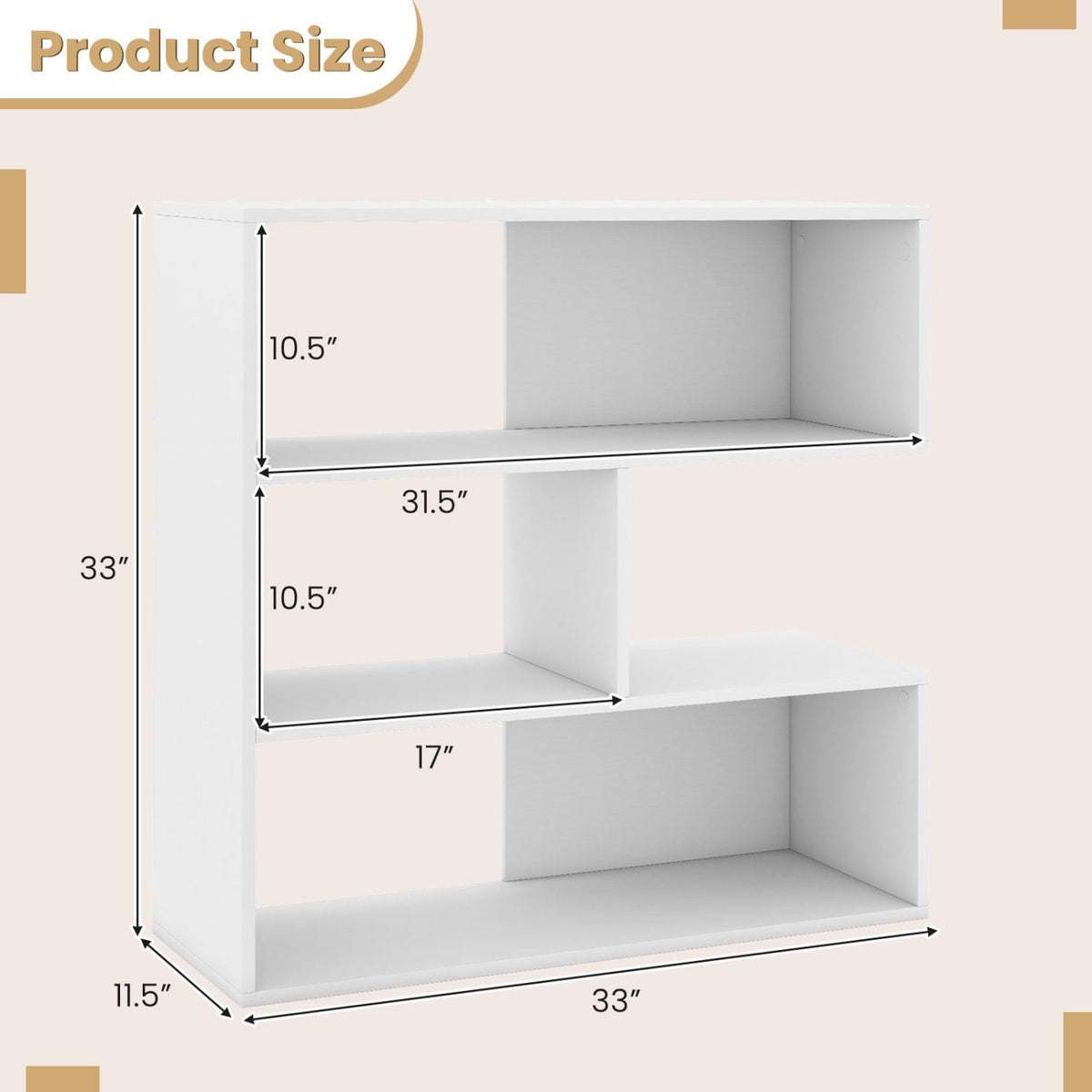 Concave Bookshelf with 3 Open Shelves & Anti-Toppling Device for Living Room-White-Bookcases-DECOROLALA