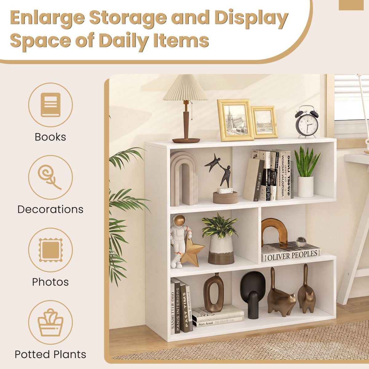 Concave Bookshelf with 3 Open Shelves & Anti-Toppling Device for Living Room-White-Bookcases-DECOROLALA