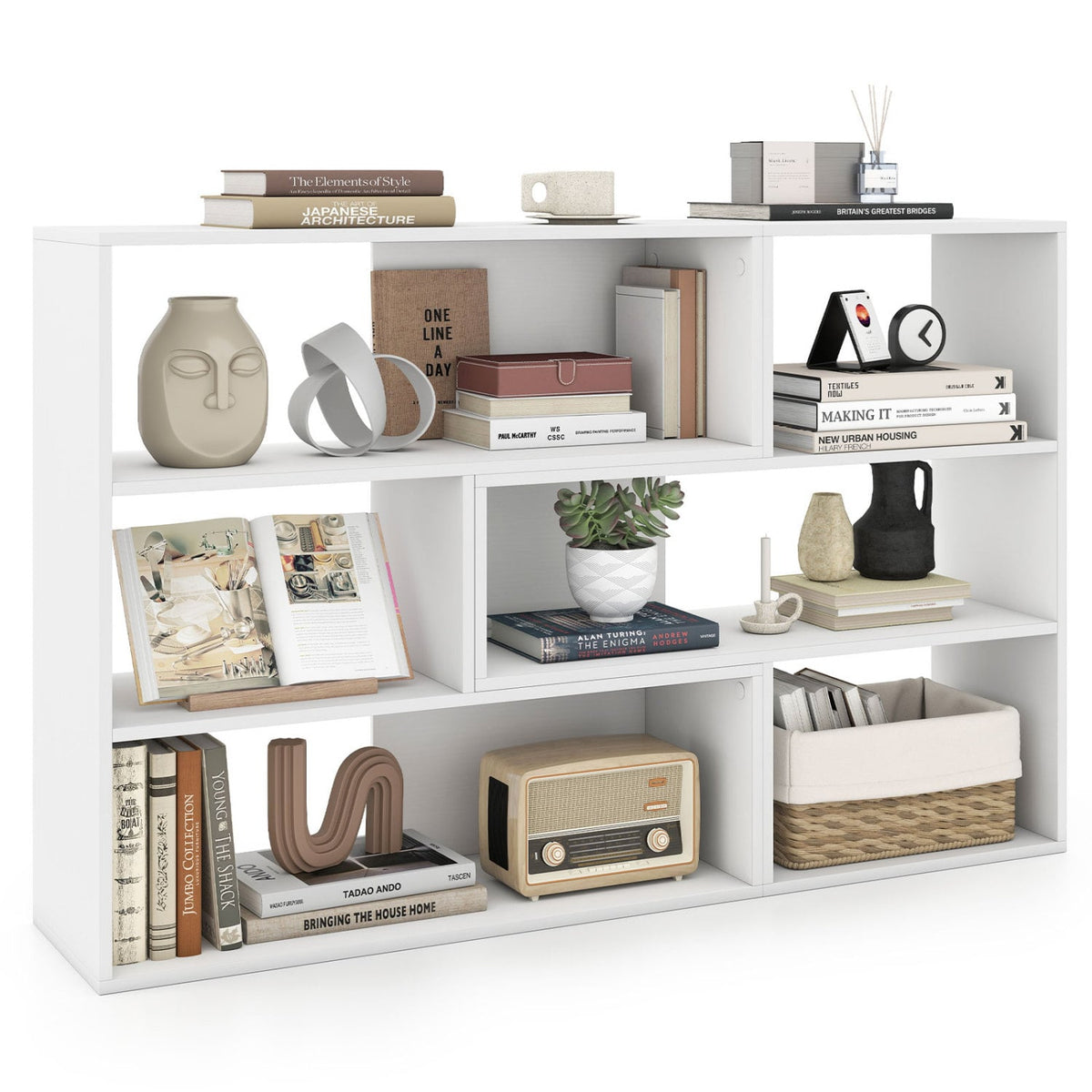 Concave & Convex Bookshelf Set with 3 Open Shelves & Anti-Toppling Device for Living Room-White-Bookcases-DECOROLALA