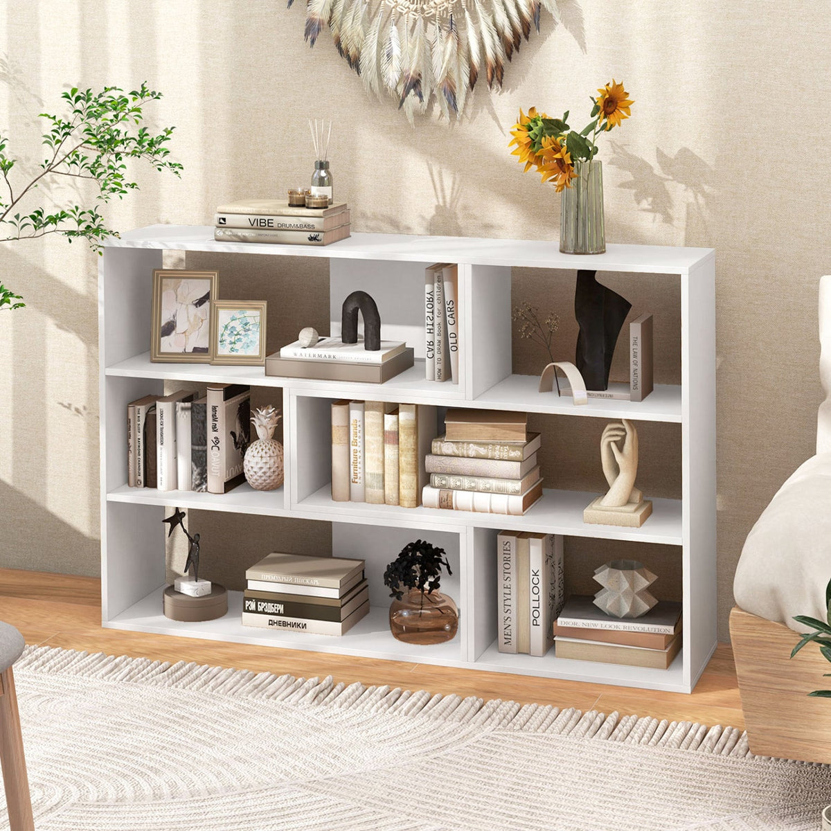 Concave & Convex Bookshelf Set with 3 Open Shelves & Anti-Toppling Device for Living Room-White-Bookcases-DECOROLALA