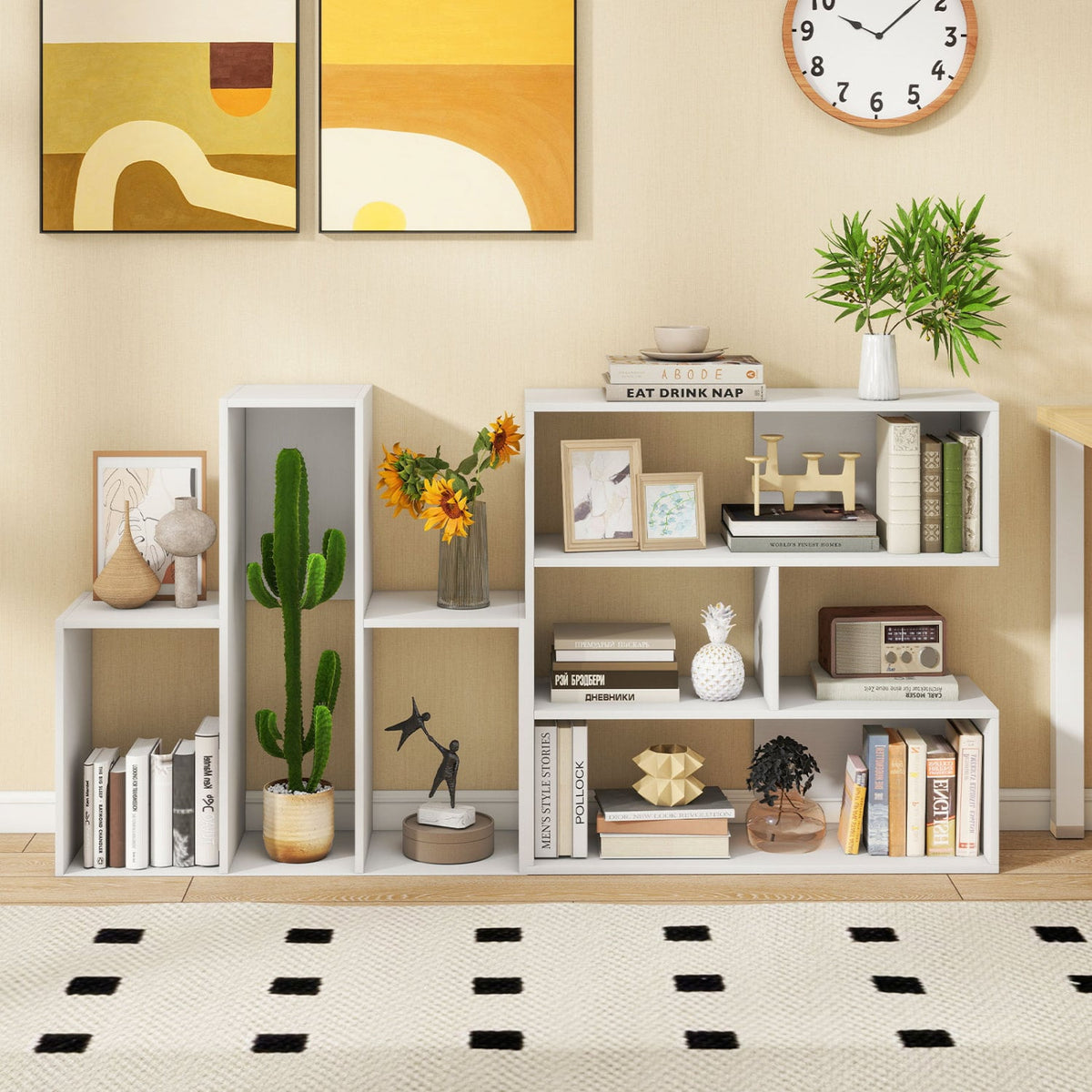 Concave & Convex Bookshelf Set with 3 Open Shelves & Anti-Toppling Device for Living Room-White-Bookcases-DECOROLALA