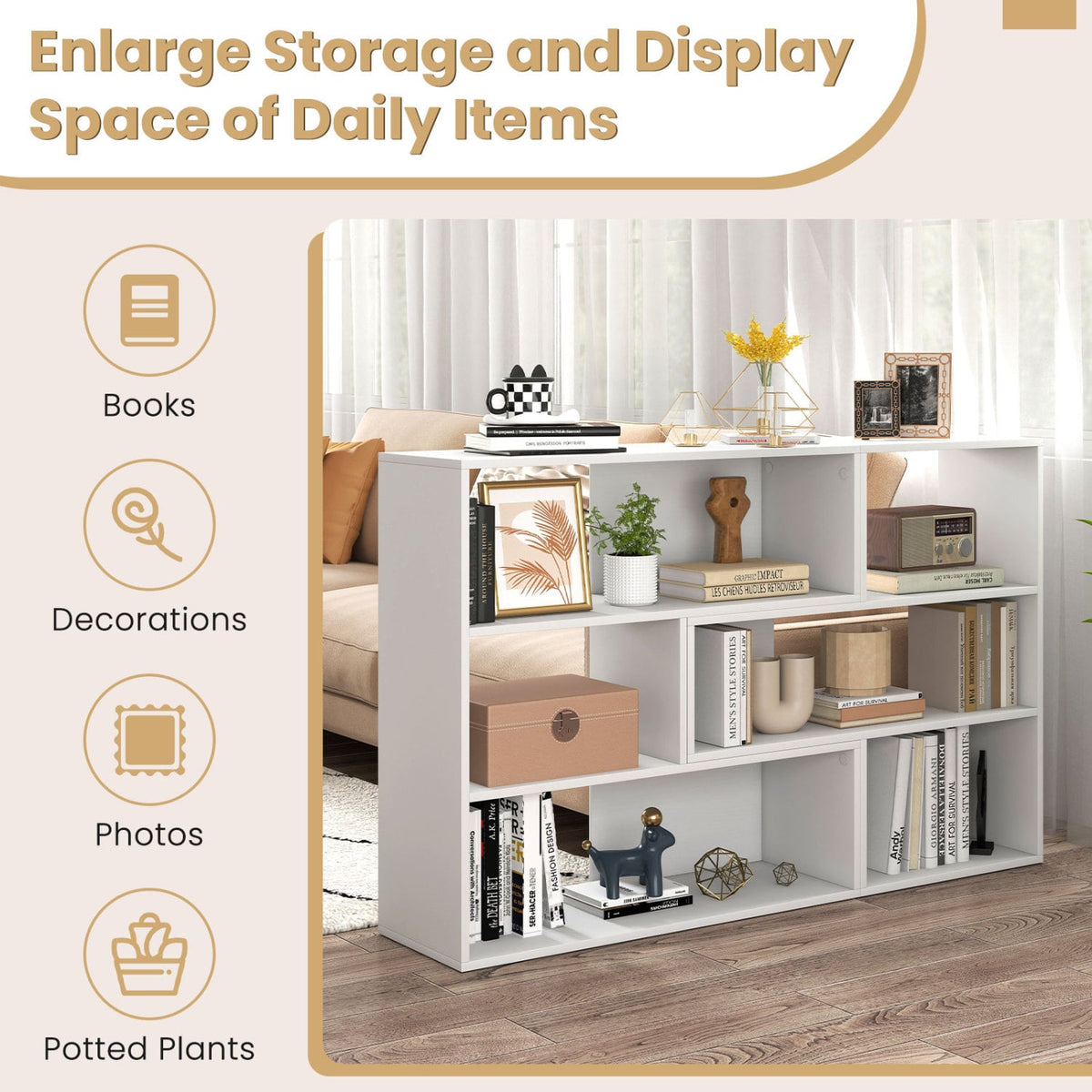 Concave & Convex Bookshelf Set with 3 Open Shelves & Anti-Toppling Device for Living Room-White-Bookcases-DECOROLALA