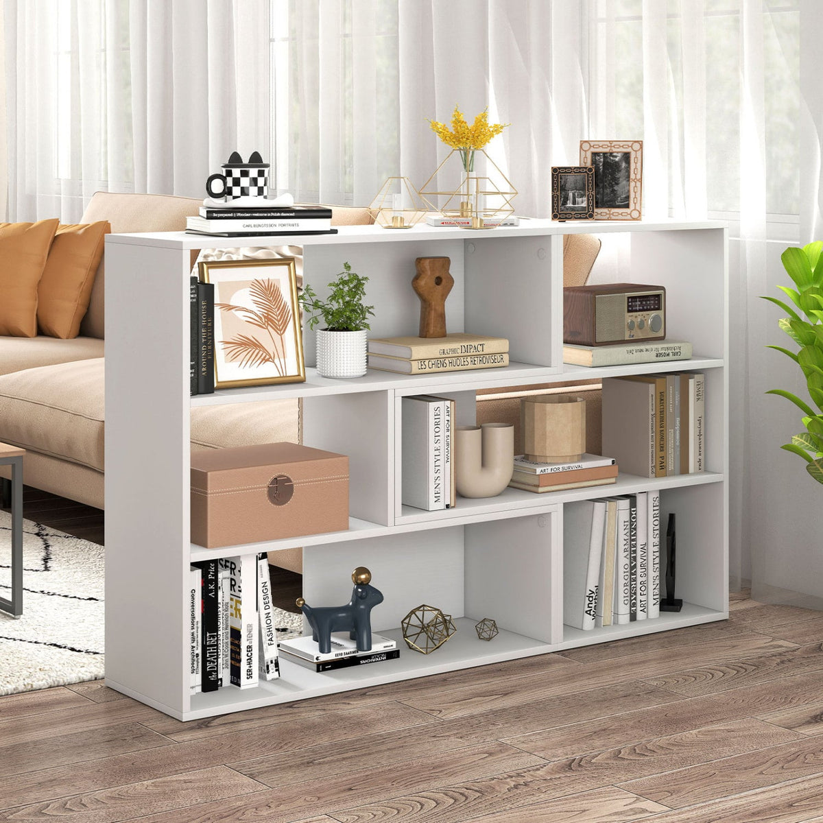 Concave & Convex Bookshelf Set with 3 Open Shelves & Anti-Toppling Device for Living Room-White-Bookcases-DECOROLALA