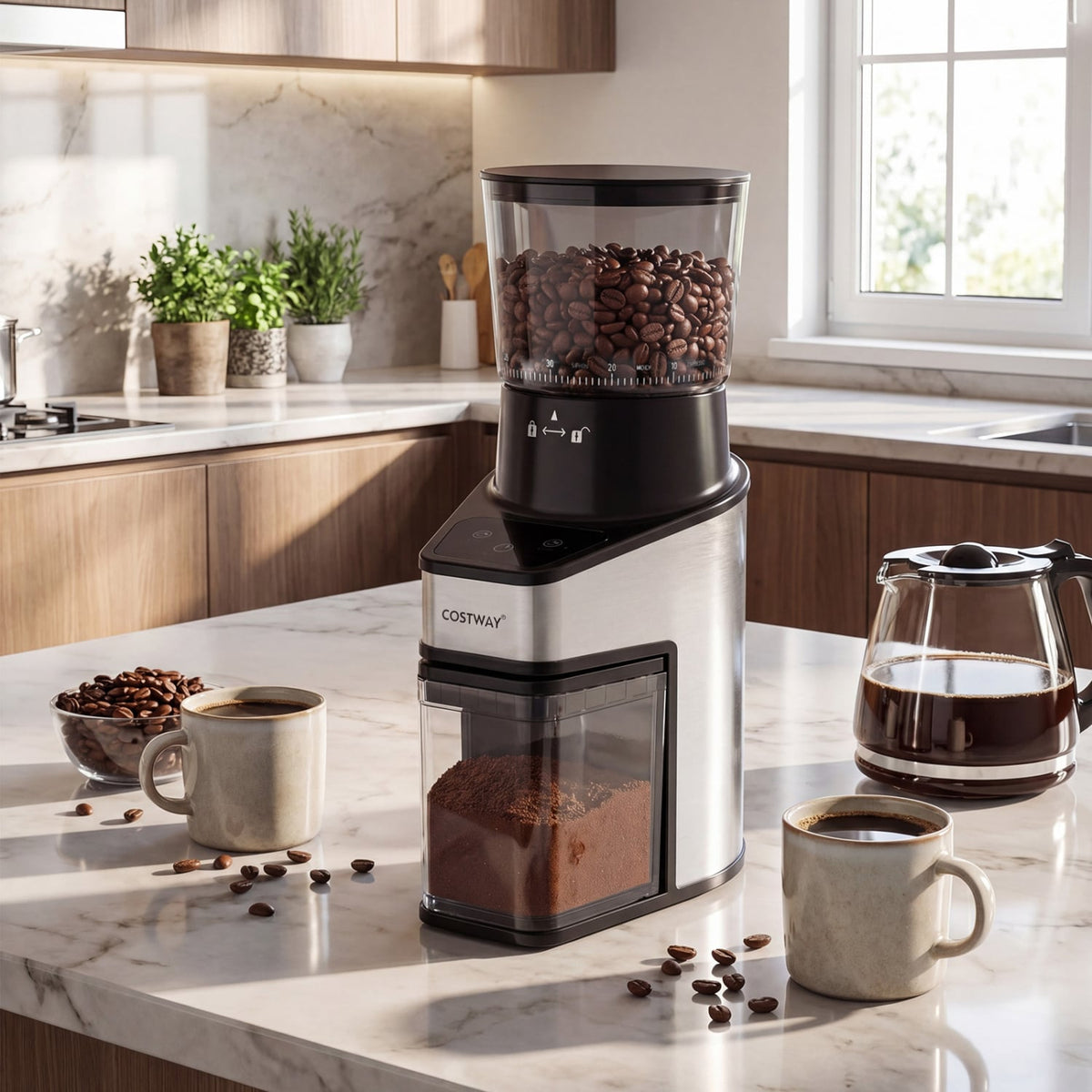 Conical Burr Coffee Grinder with 60 Precise Grinding Settings and Digital Display-Silver-Juicers & Coffee Machines-DECOROLALA