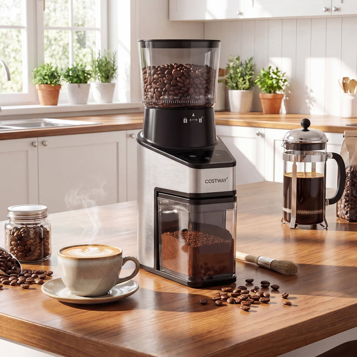 Conical Burr Coffee Grinder with 60 Precise Grinding Settings and Digital Display-Silver-Juicers & Coffee Machines-DECOROLALA