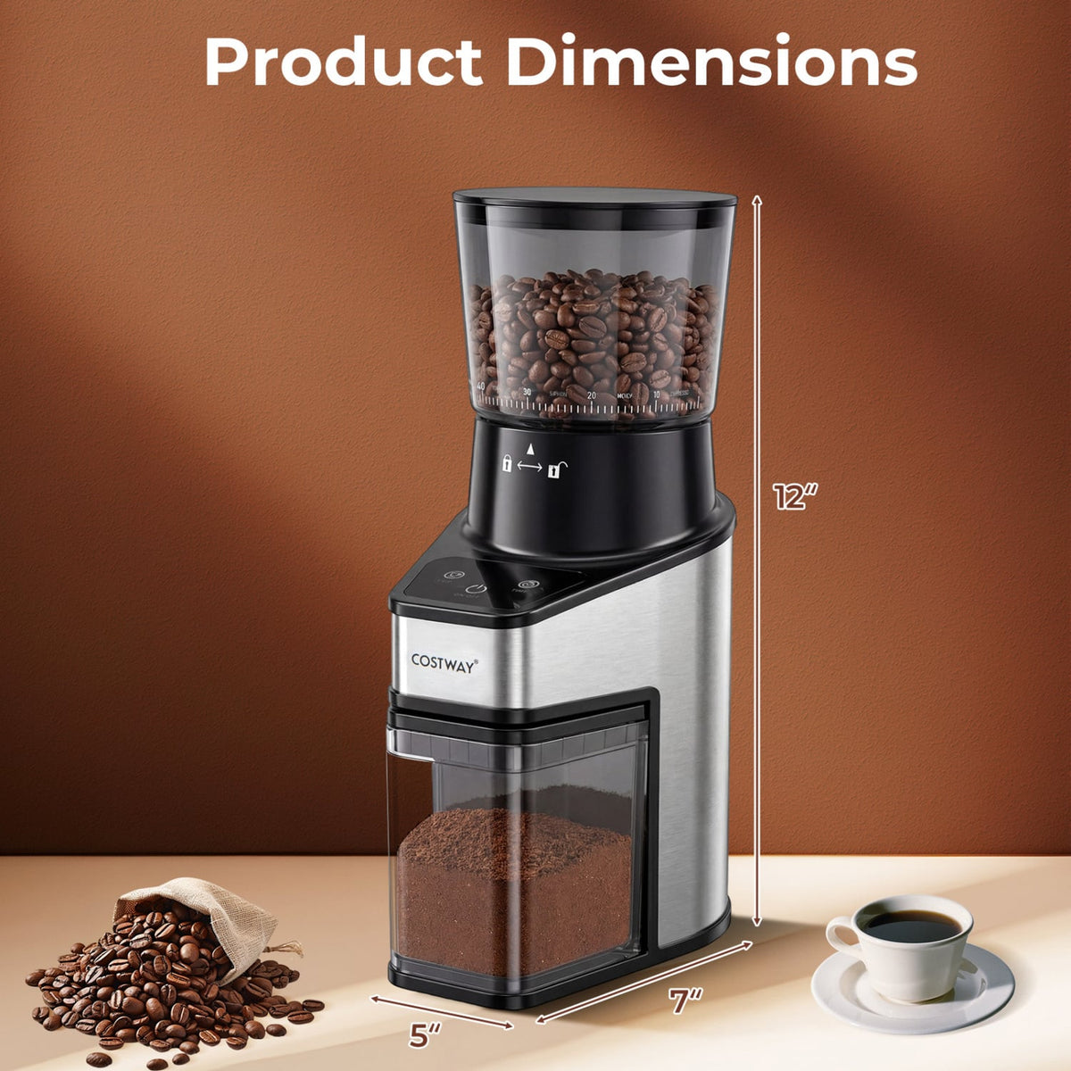 Conical Burr Coffee Grinder with 60 Precise Grinding Settings and Digital Display-Silver-Juicers & Coffee Machines-DECOROLALA