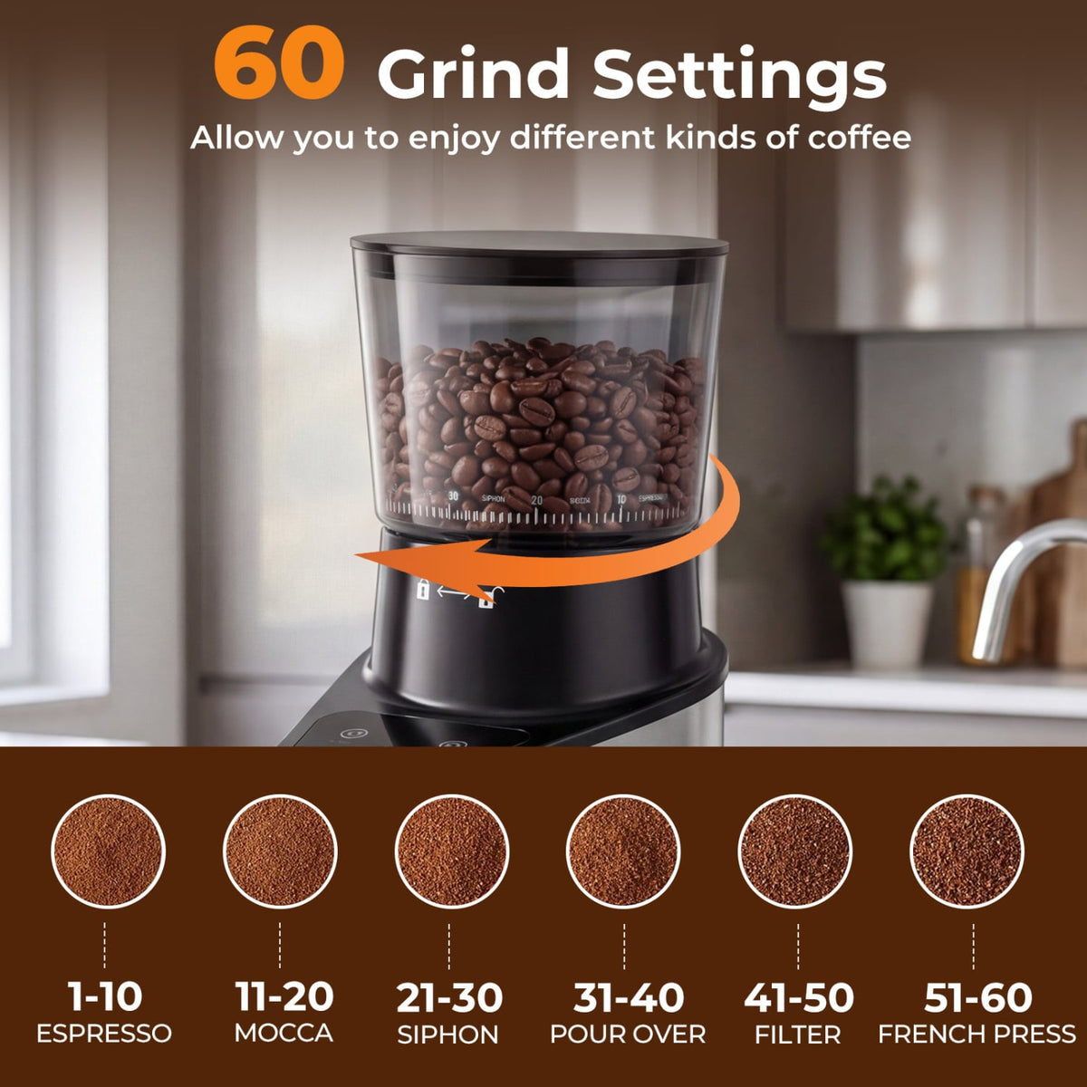 Conical Burr Coffee Grinder with 60 Precise Grinding Settings and Digital Display-Silver-Juicers & Coffee Machines-DECOROLALA