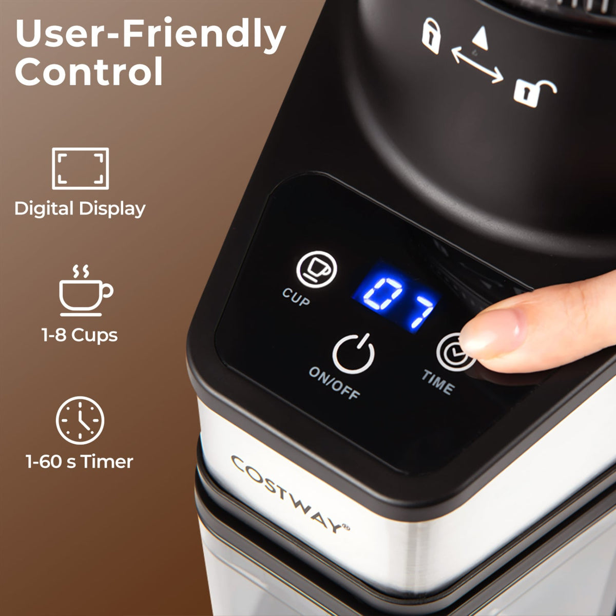 Conical Burr Coffee Grinder with 60 Precise Grinding Settings and Digital Display-Silver-Juicers & Coffee Machines-DECOROLALA